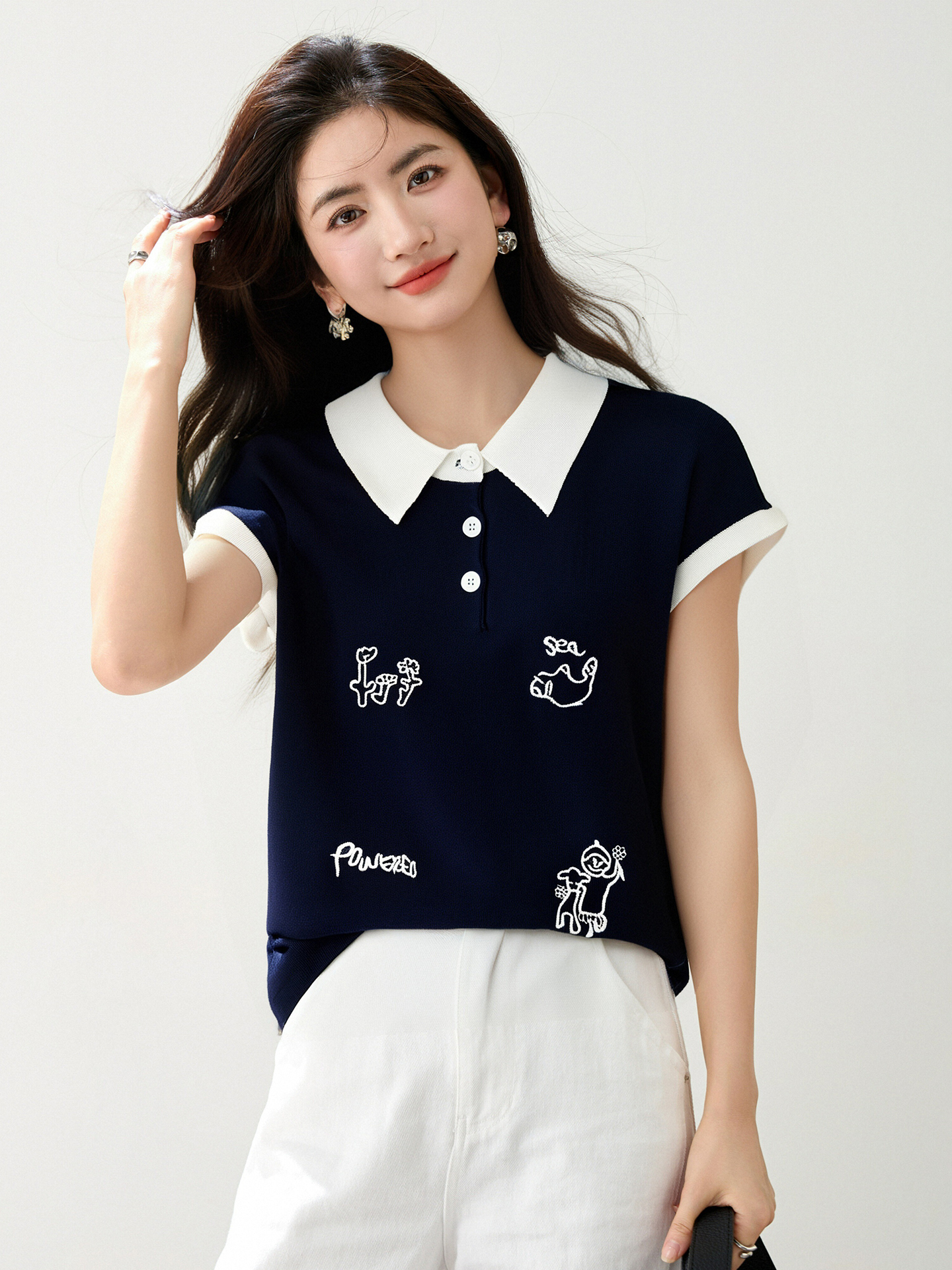 ◆◆新款polo領可愛刺繡針織衫女寬松百搭無袖短款馬甲上衣