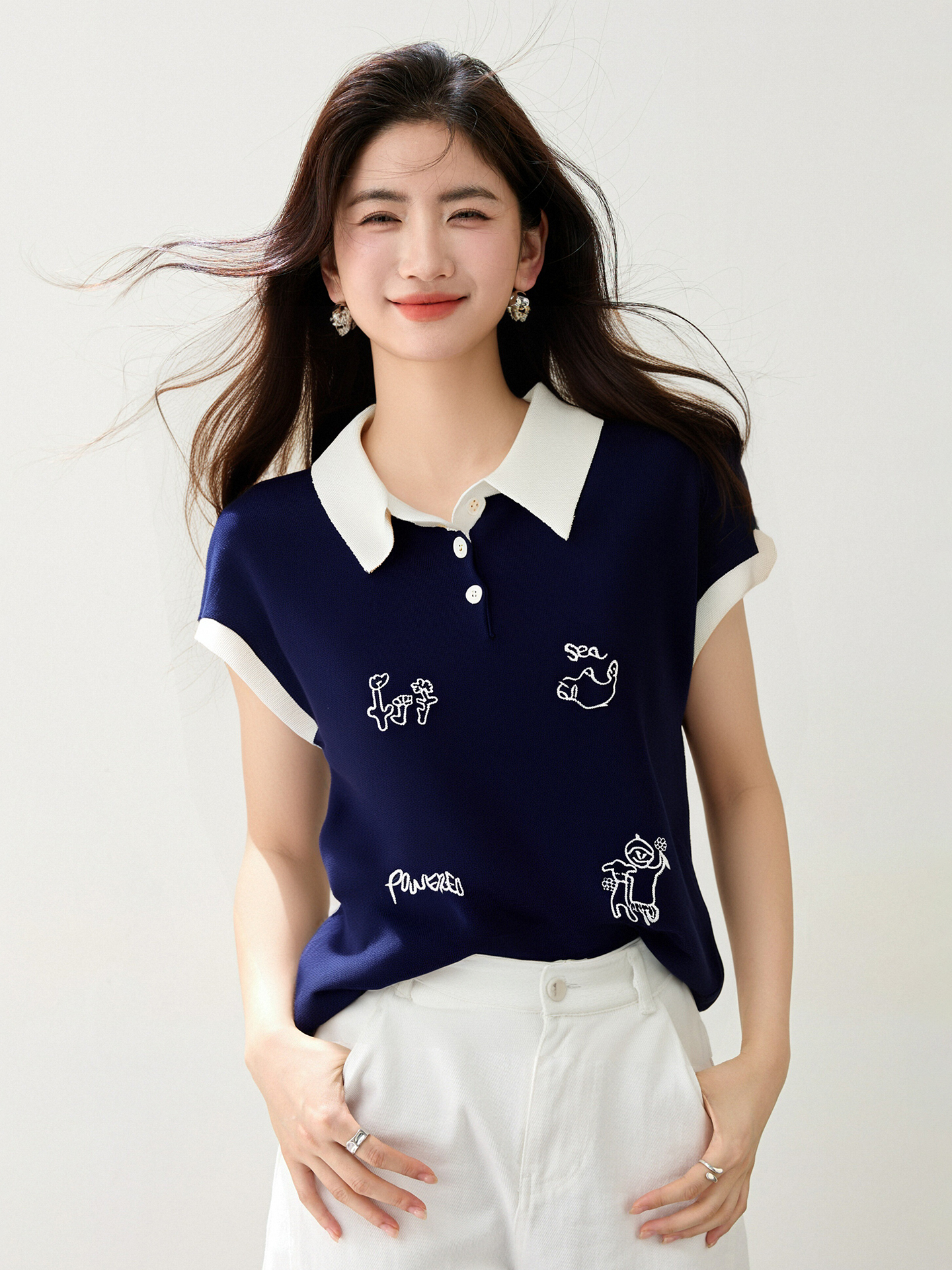 ◆◆新款polo領可愛刺繡針織衫女寬松百搭無袖短款馬甲上衣