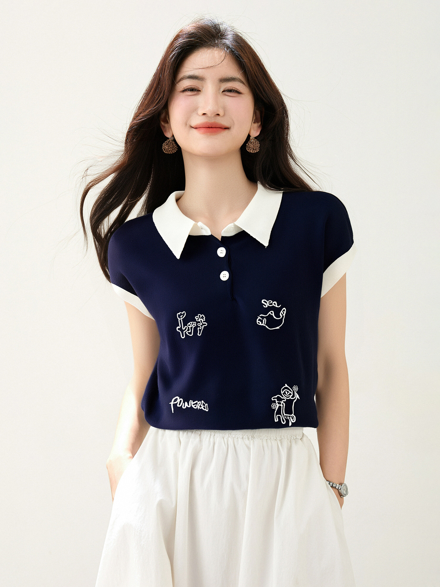 ◆◆新款polo領可愛刺繡針織衫女寬松百搭無袖短款馬甲上衣