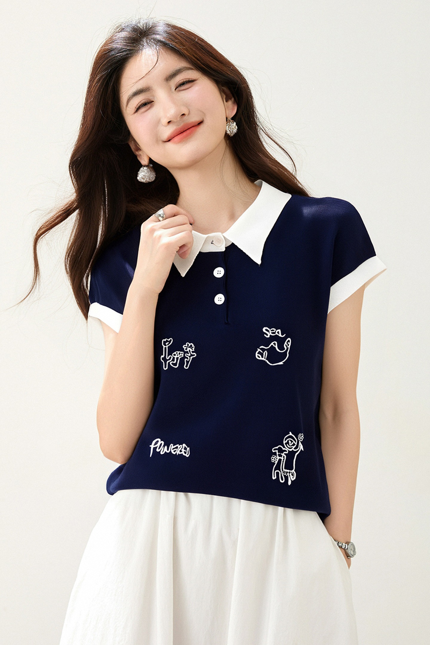 ◆◆新款polo領可愛刺繡針織衫女寬松百搭無袖短款馬甲上衣
