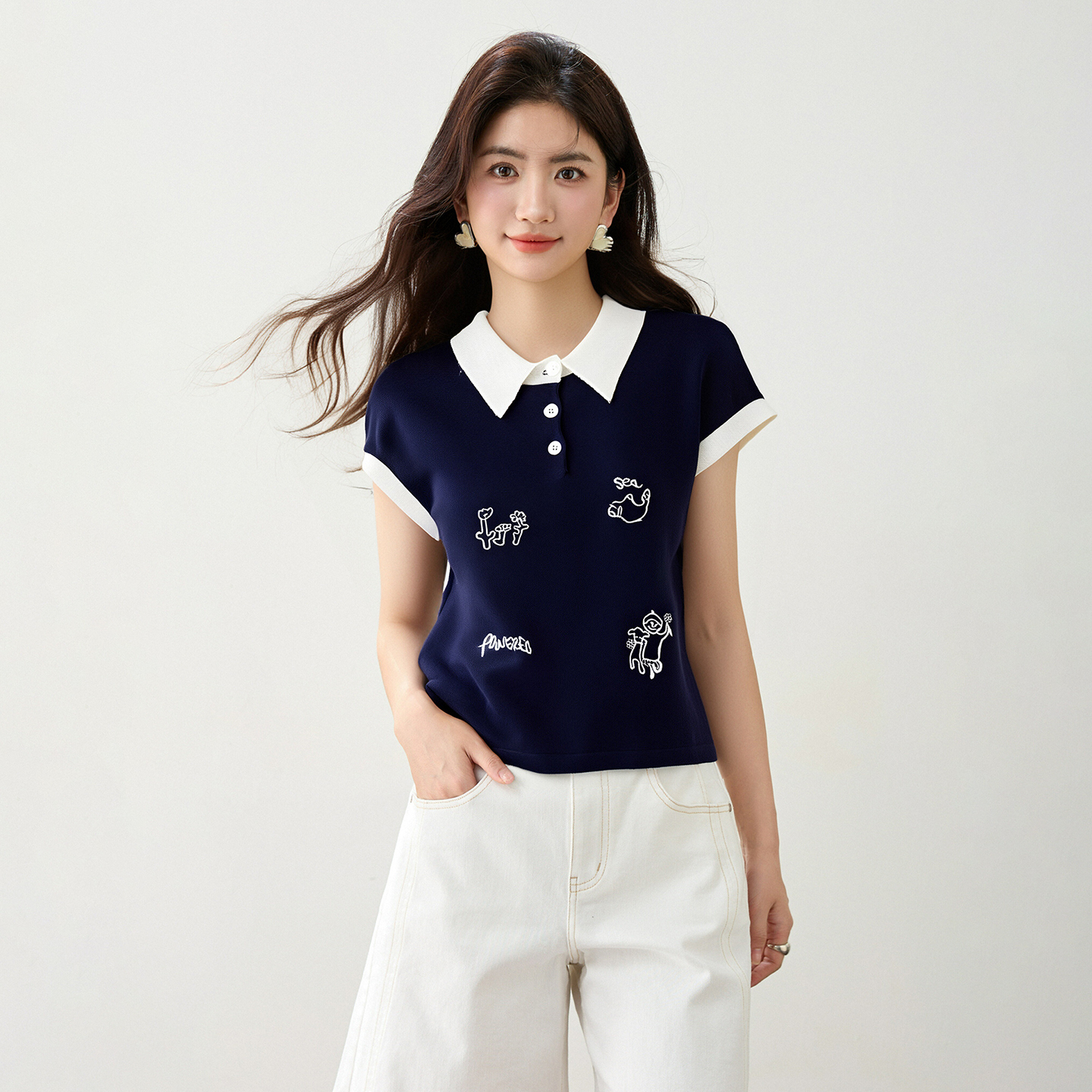 ◆◆新款polo領可愛刺繡針織衫女寬松百搭無袖短款馬甲上衣