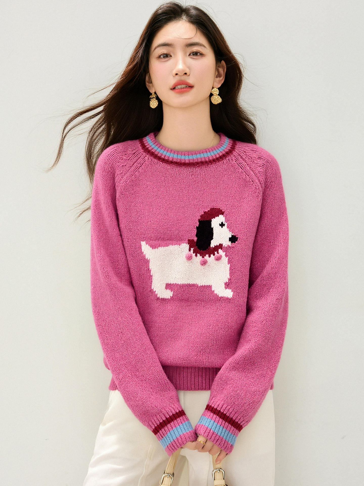 MY15306# 可爱小狗提花毛衣女秋冬宽松软糯上衣女裝貨源服裝批發