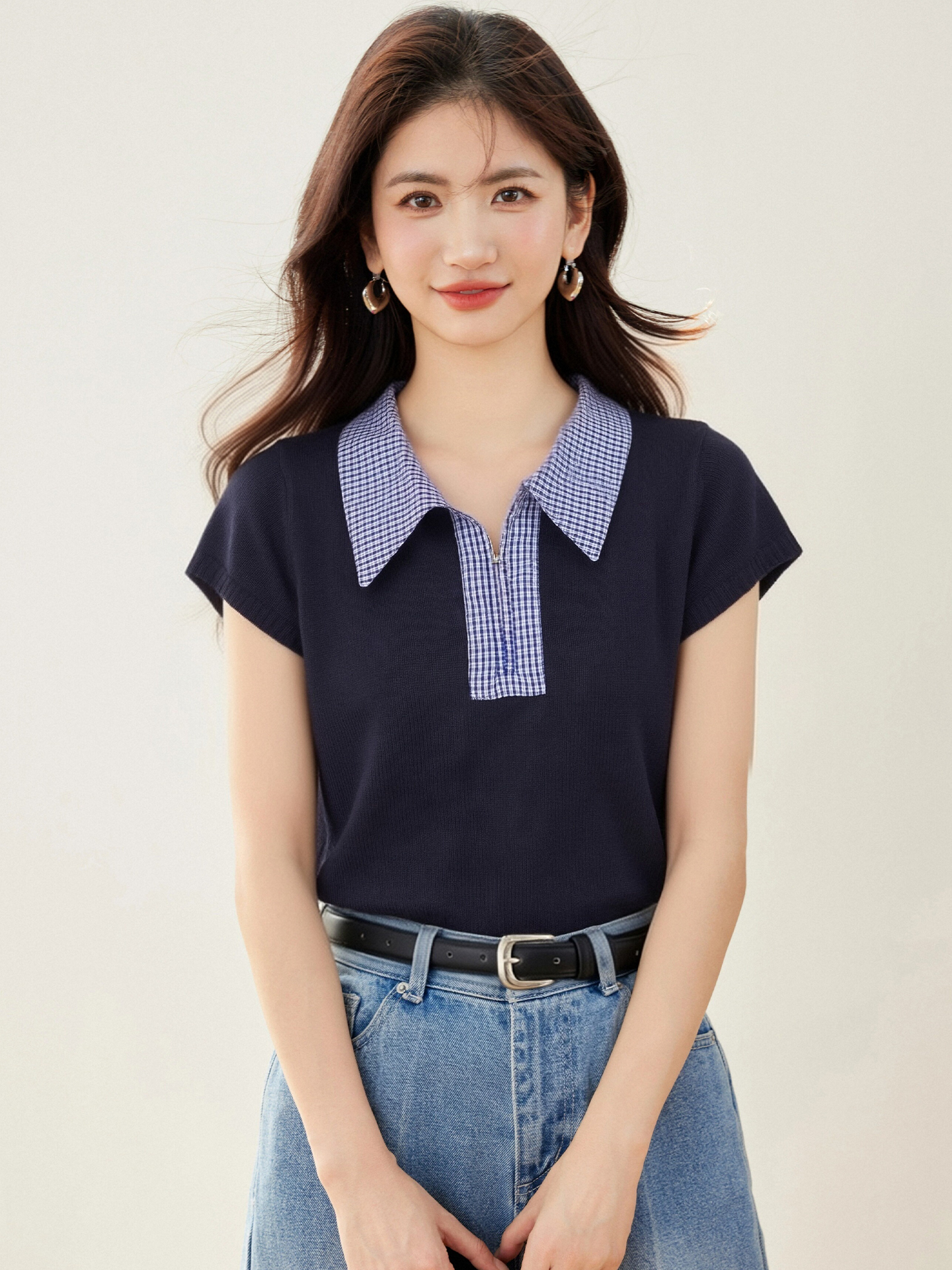 實拍◆有◆2026春季格子拼接拉鏈短袖簡約甜美淑女百搭上衣