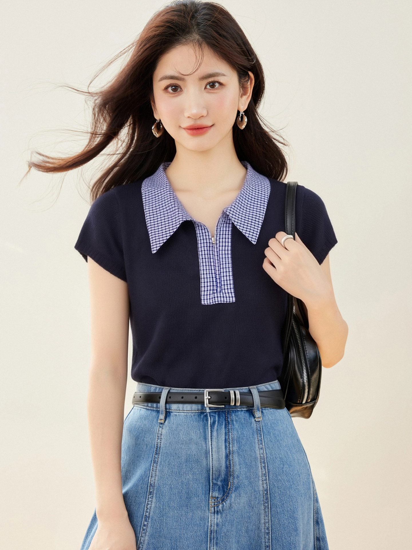 實拍◆有◆2026春季格子拼接拉鏈短袖簡約甜美淑女百搭上衣