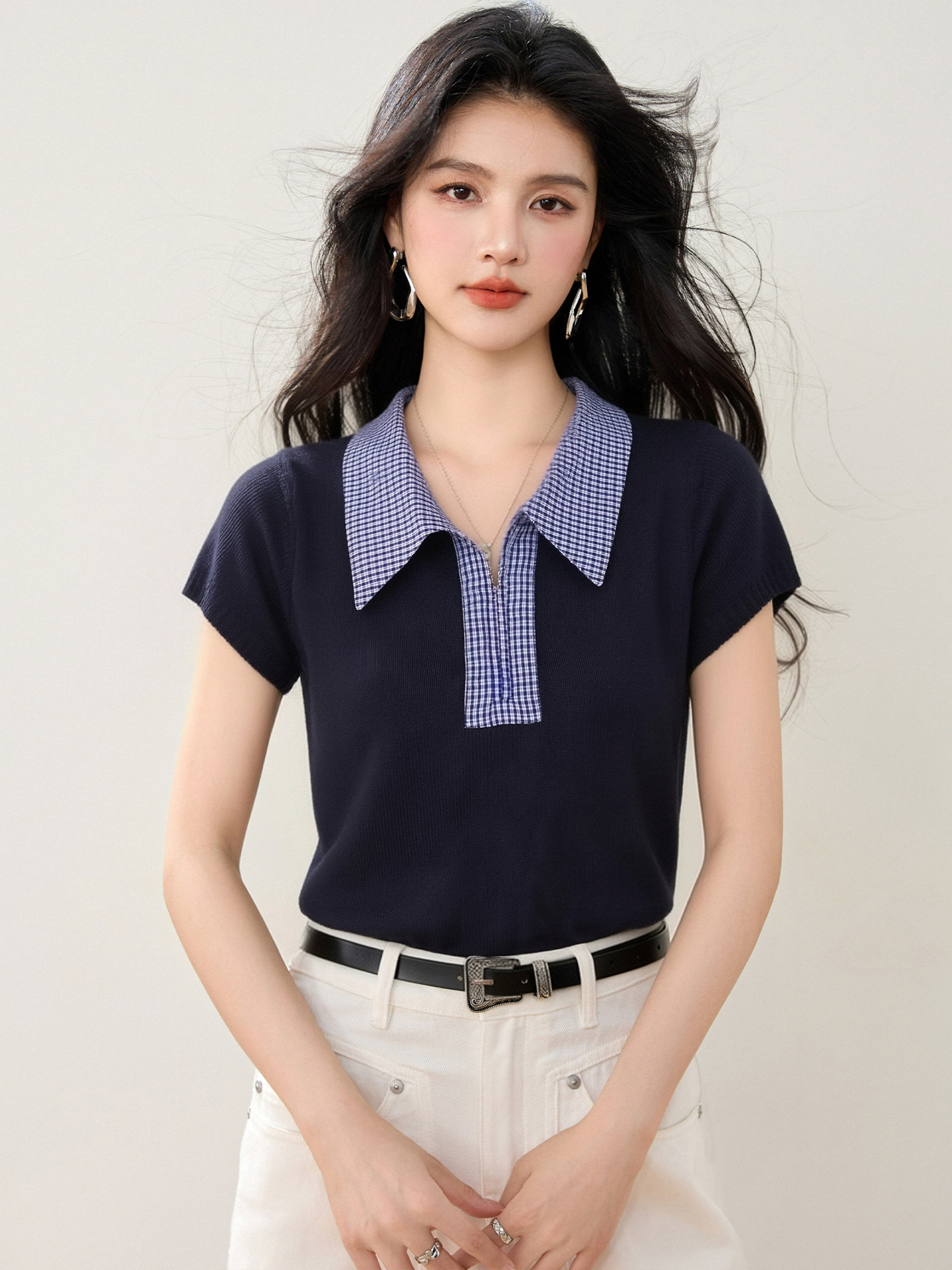 實拍◆有◆2026春季格子拼接拉鏈短袖簡約甜美淑女百搭上衣