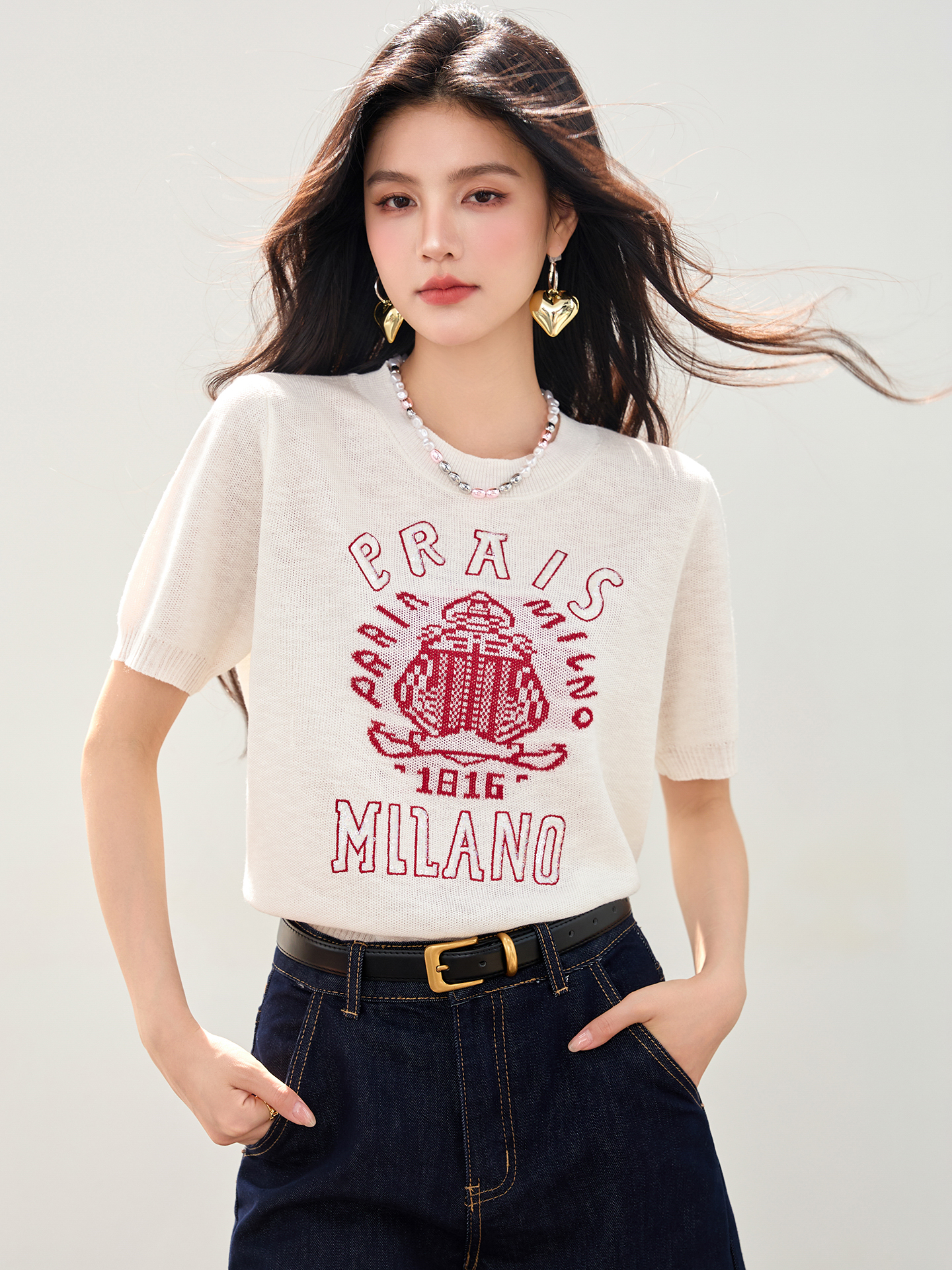 實拍◆◆20226休閑百搭字母刺繡圓領針織衫女新款顯瘦短袖上衣