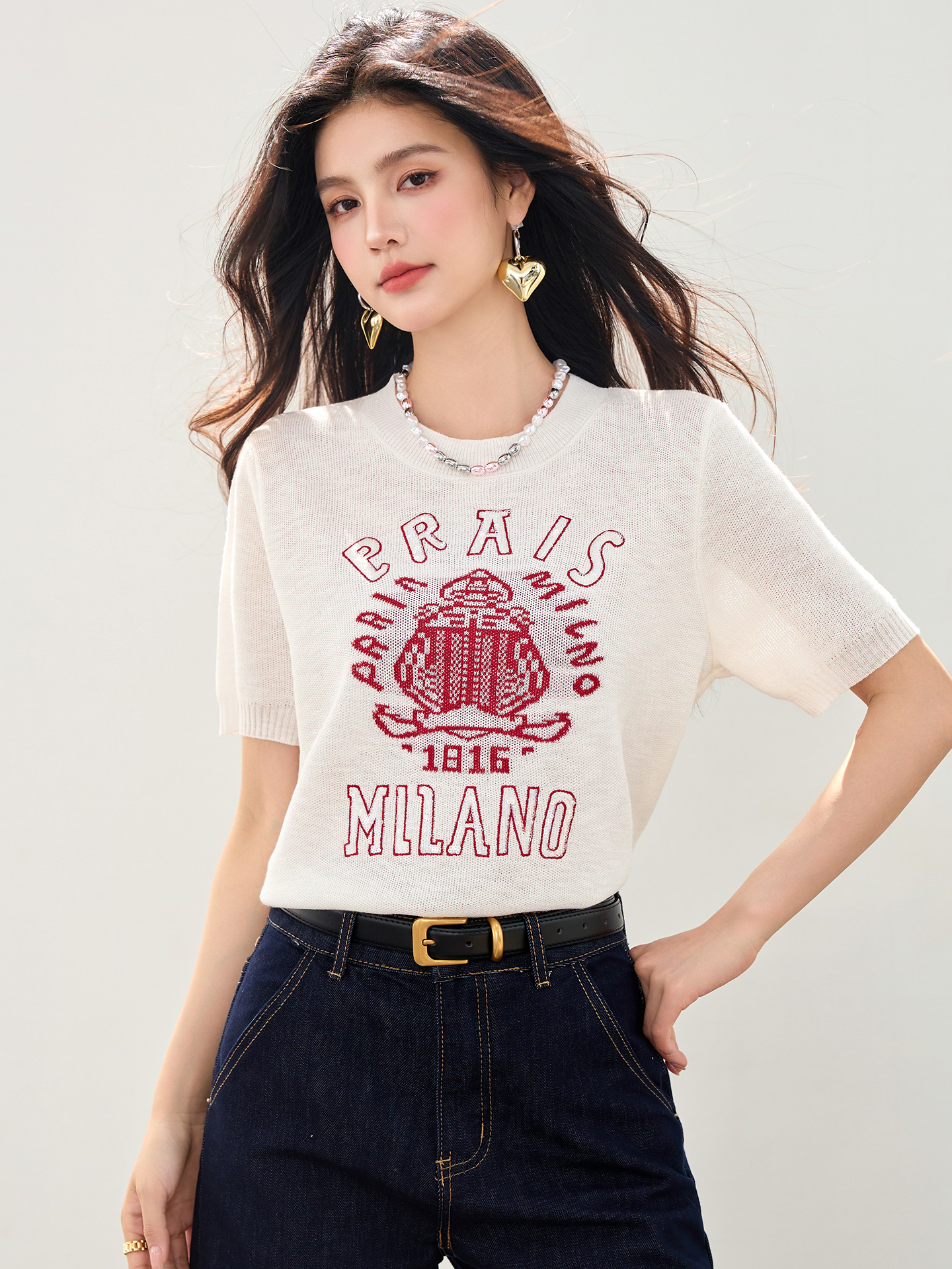 實拍◆◆20226休閑百搭字母刺繡圓領針織衫女新款顯瘦短袖上衣