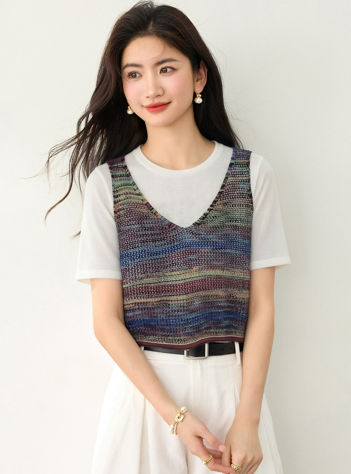 實拍◆有◆2026夏季條紋拼接假兩件短袖針織衫女百搭休閑風上衣