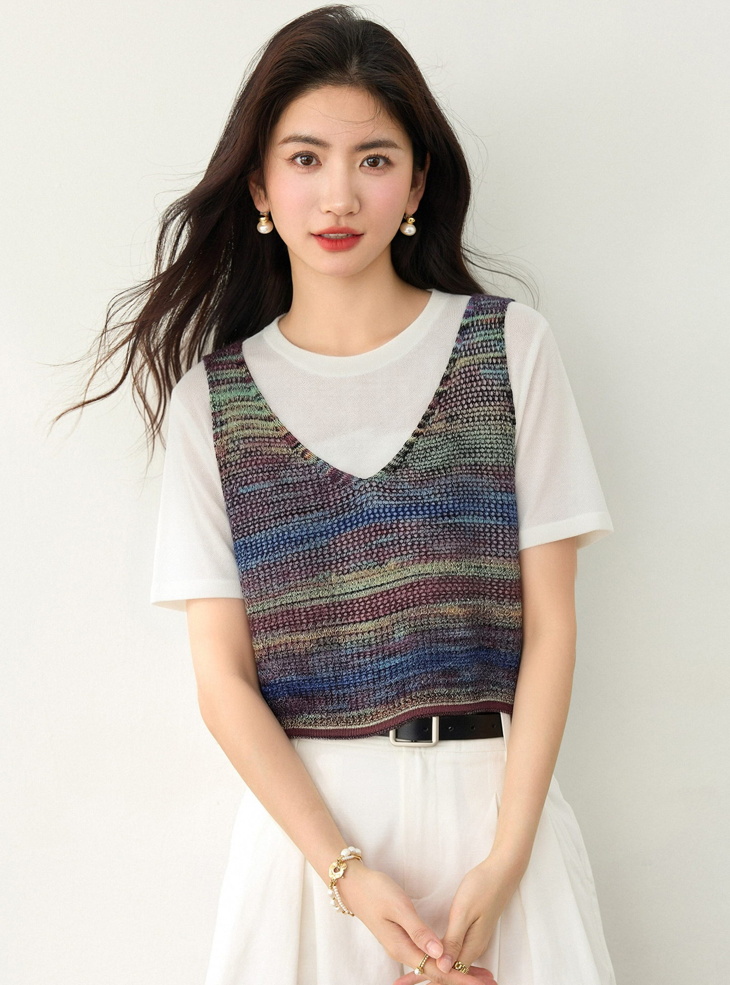 實拍◆有◆2026夏季條紋拼接假兩件短袖針織衫女百搭休閑風上衣