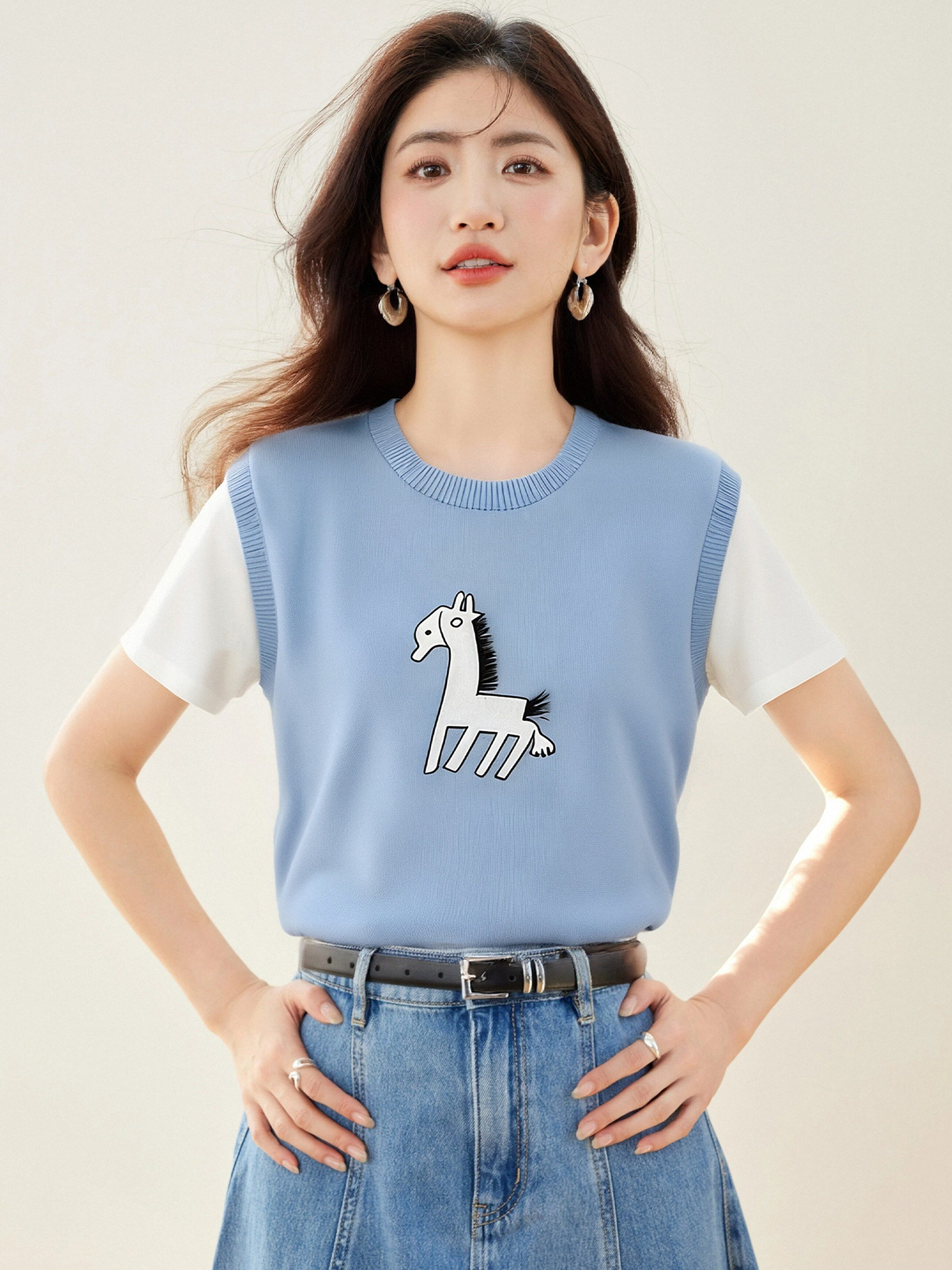 實拍◆有◆2026夏季色疊穿假兩件拼接袖設計感趣味小馬印花針織衫