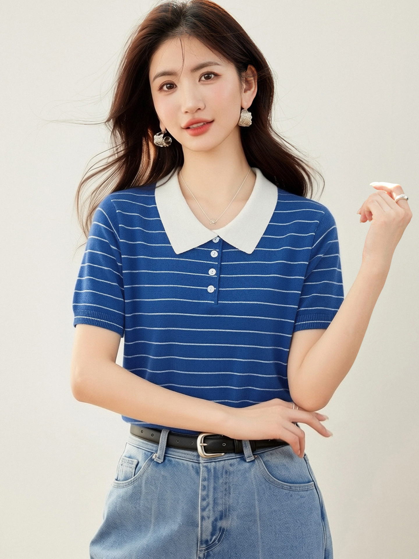 實拍◆有◆2026復古撞色polo領條紋短袖女夏寬松顯瘦氣質慵懶上衣