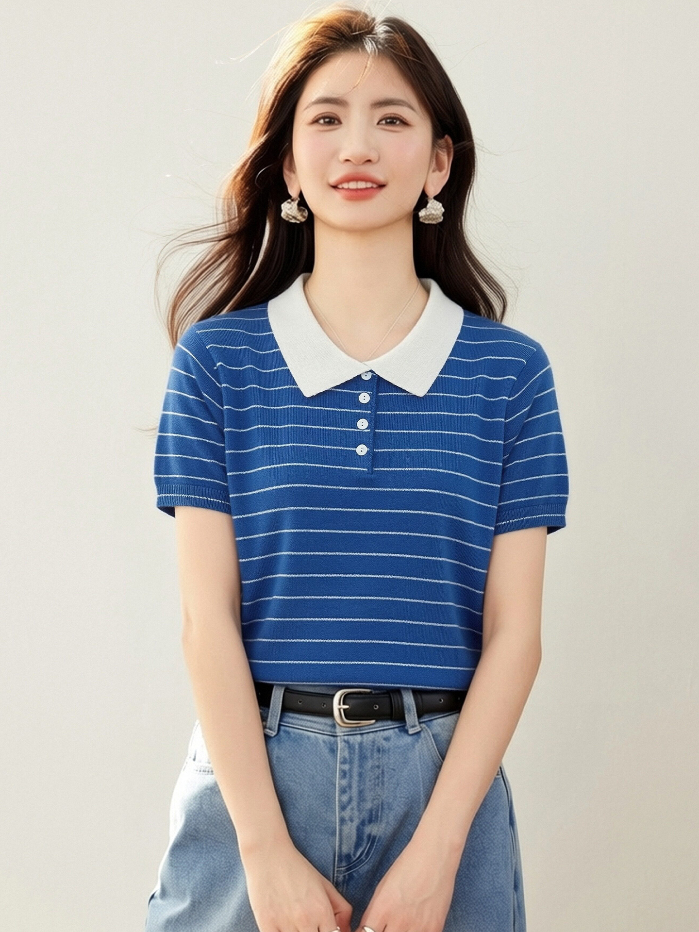實拍◆有◆2026復古撞色polo領條紋短袖女夏寬松顯瘦氣質慵懶上衣
