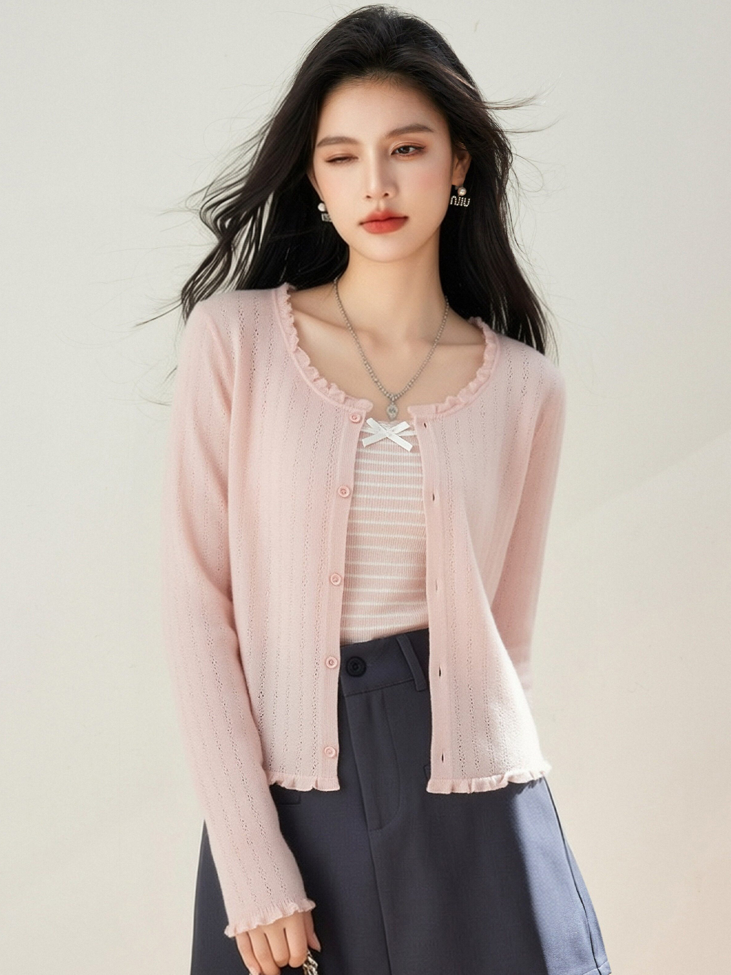 實拍◆有◆2026韓版蝴蝶結花邊長袖開衫背心兩件套女修身顯瘦上衣