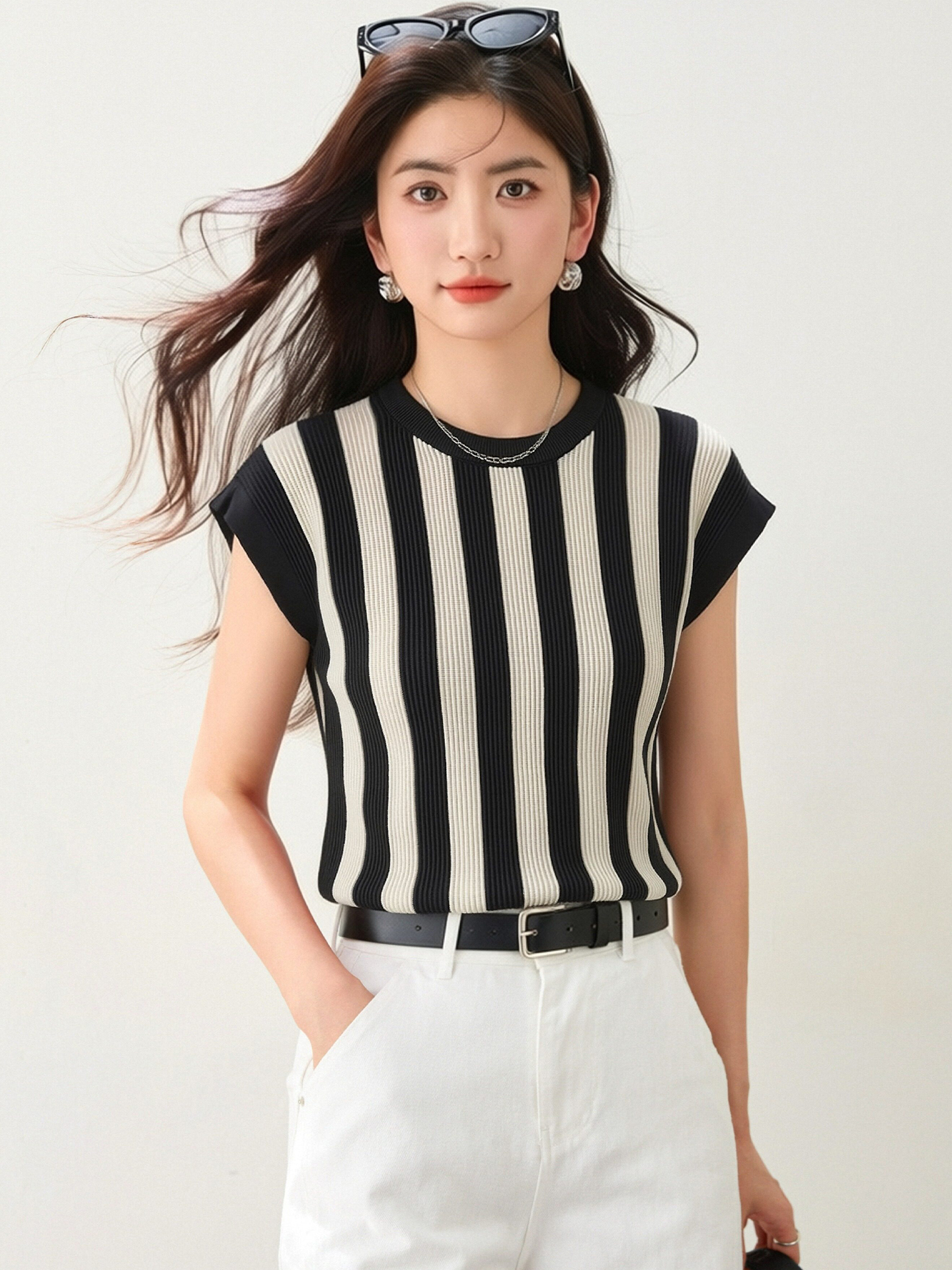實拍◆有◆2026撞色條紋圓領T恤女寬松氣質百搭顯瘦簡約休閑上衣