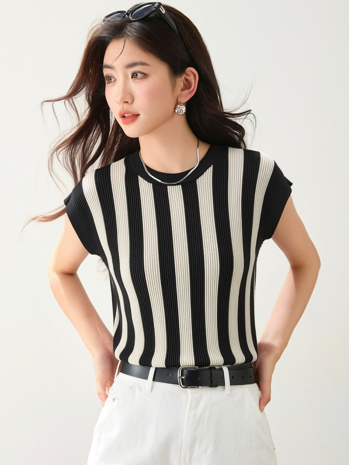 實拍◆有◆2026撞色條紋圓領T恤女寬松氣質百搭顯瘦簡約休閑上衣
