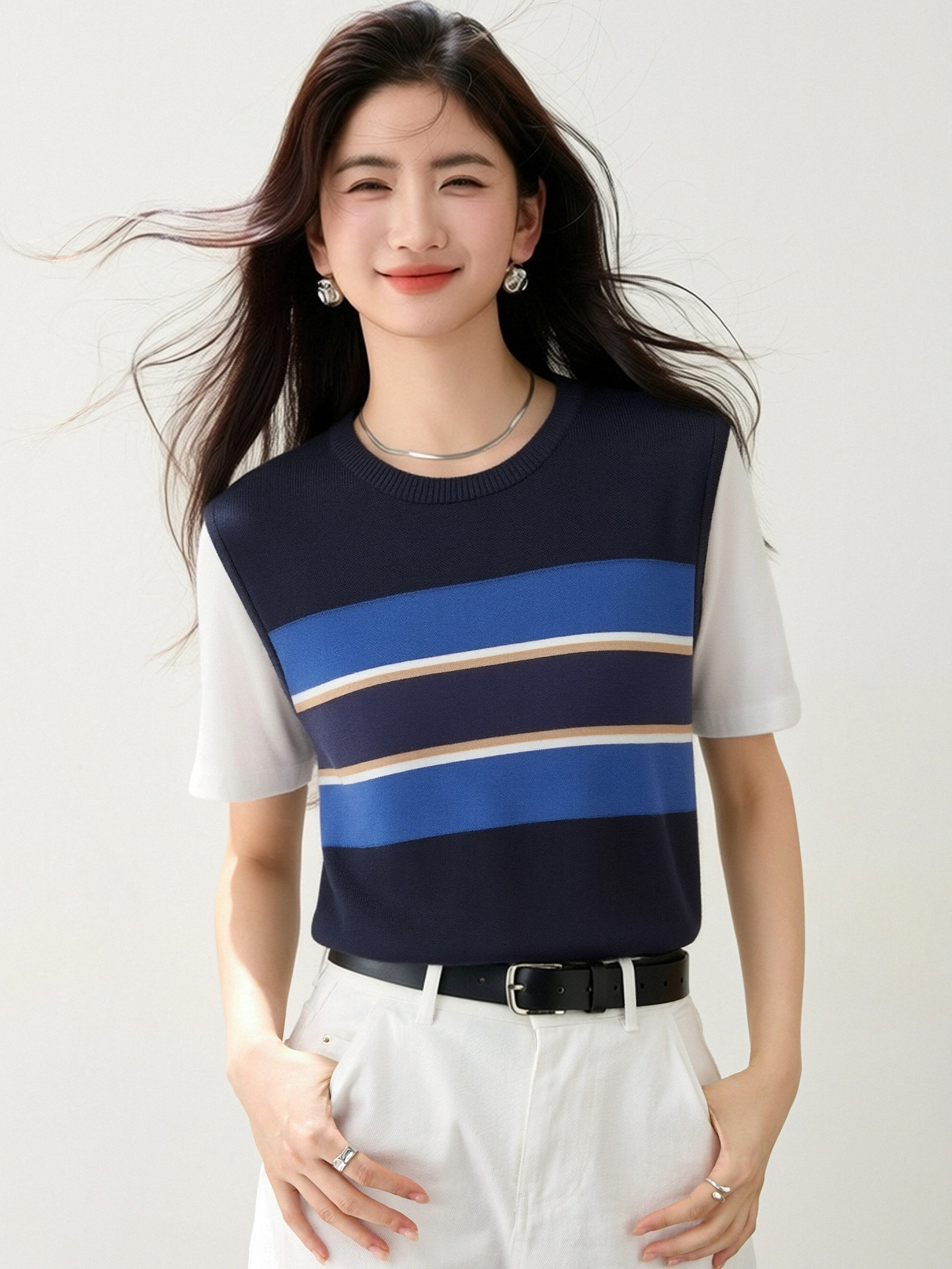 實拍◆有◆2026撞色假兩件條紋短袖t恤女夏小眾不撞衫特別上衣