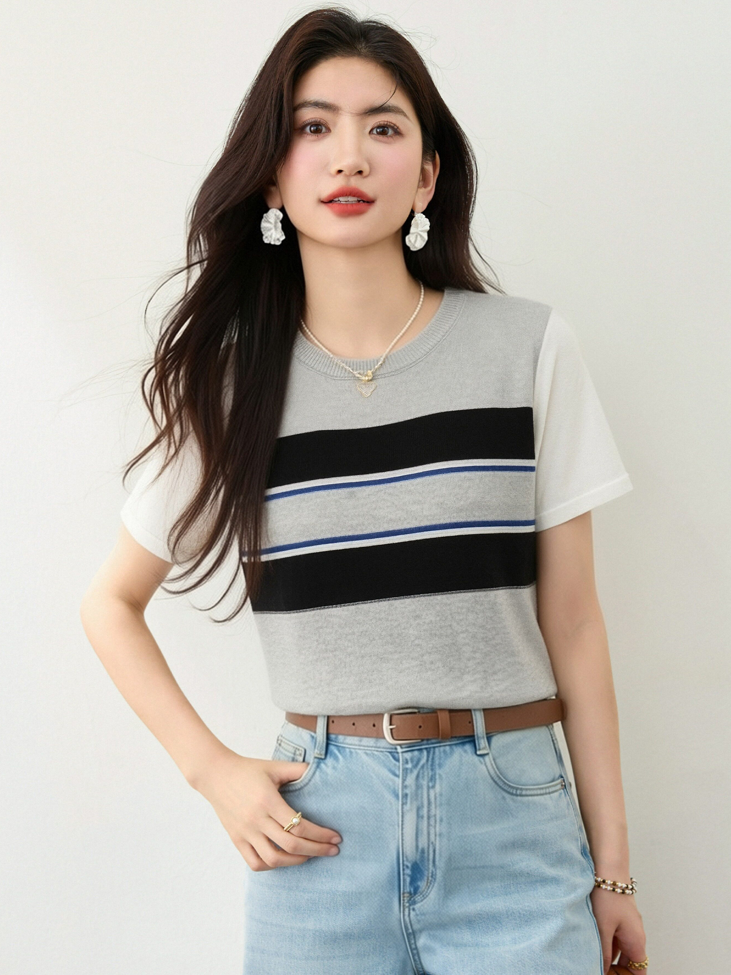 實拍◆有◆2026撞色假兩件條紋短袖t恤女夏小眾不撞衫特別上衣
