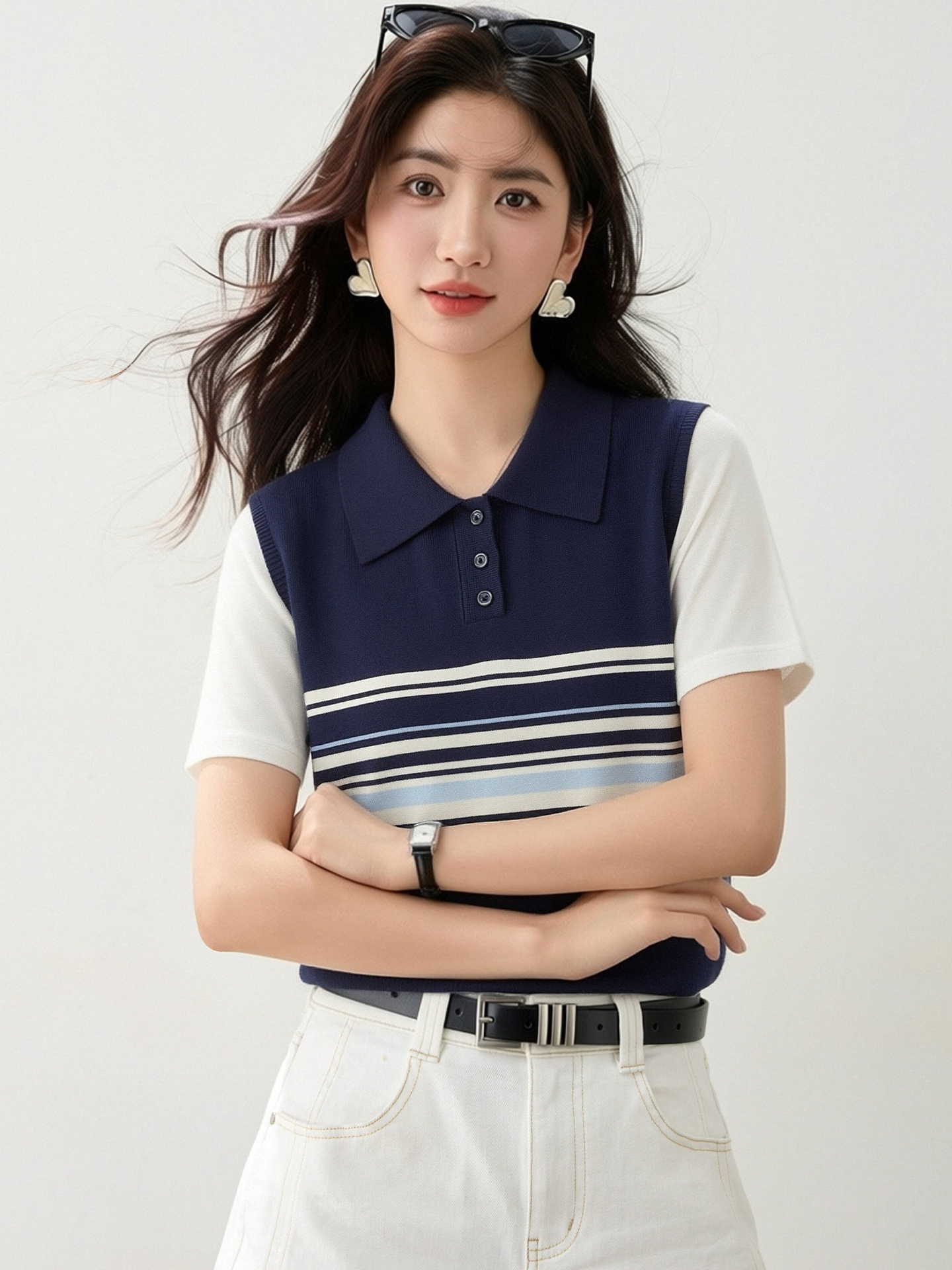 實拍◆有◆2026美式撞色條紋Polo領短袖針織t恤女拼接假兩件上衣
