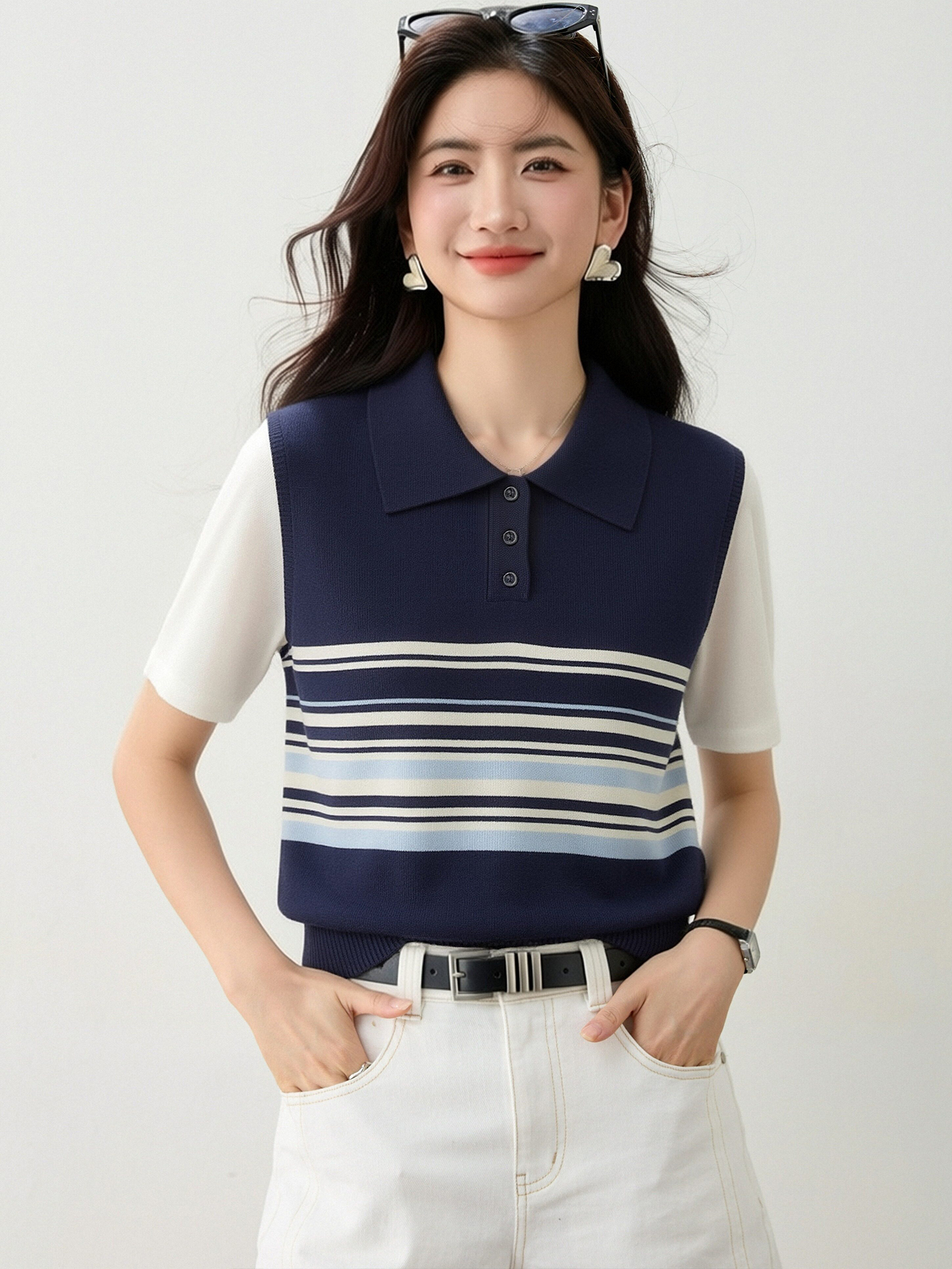 實拍◆有◆2026美式撞色條紋Polo領短袖針織t恤女拼接假兩件上衣