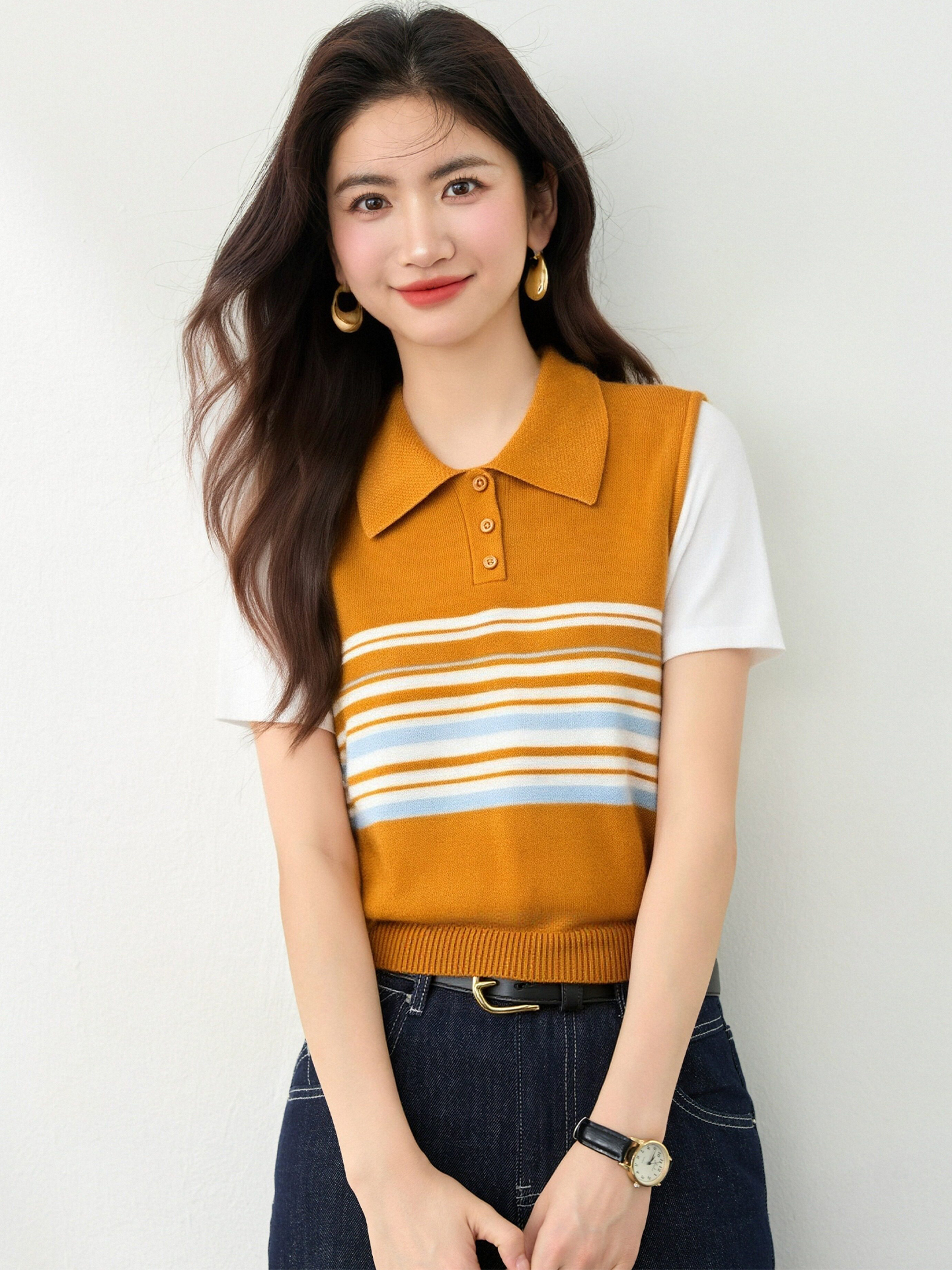 實拍◆有◆2026美式撞色條紋Polo領短袖針織t恤女拼接假兩件上衣