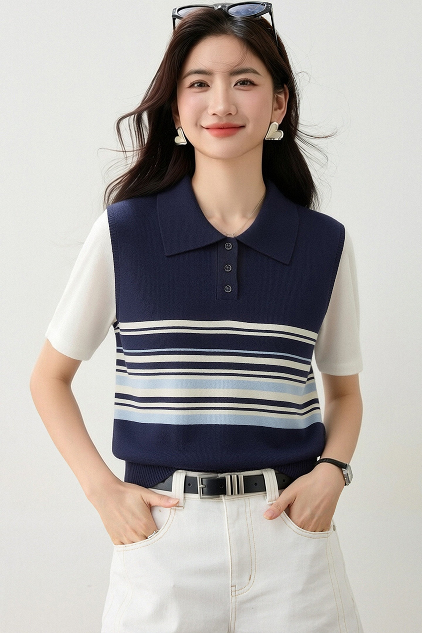 實拍◆有◆2026美式撞色條紋Polo領短袖針織t恤女拼接假兩件上衣
