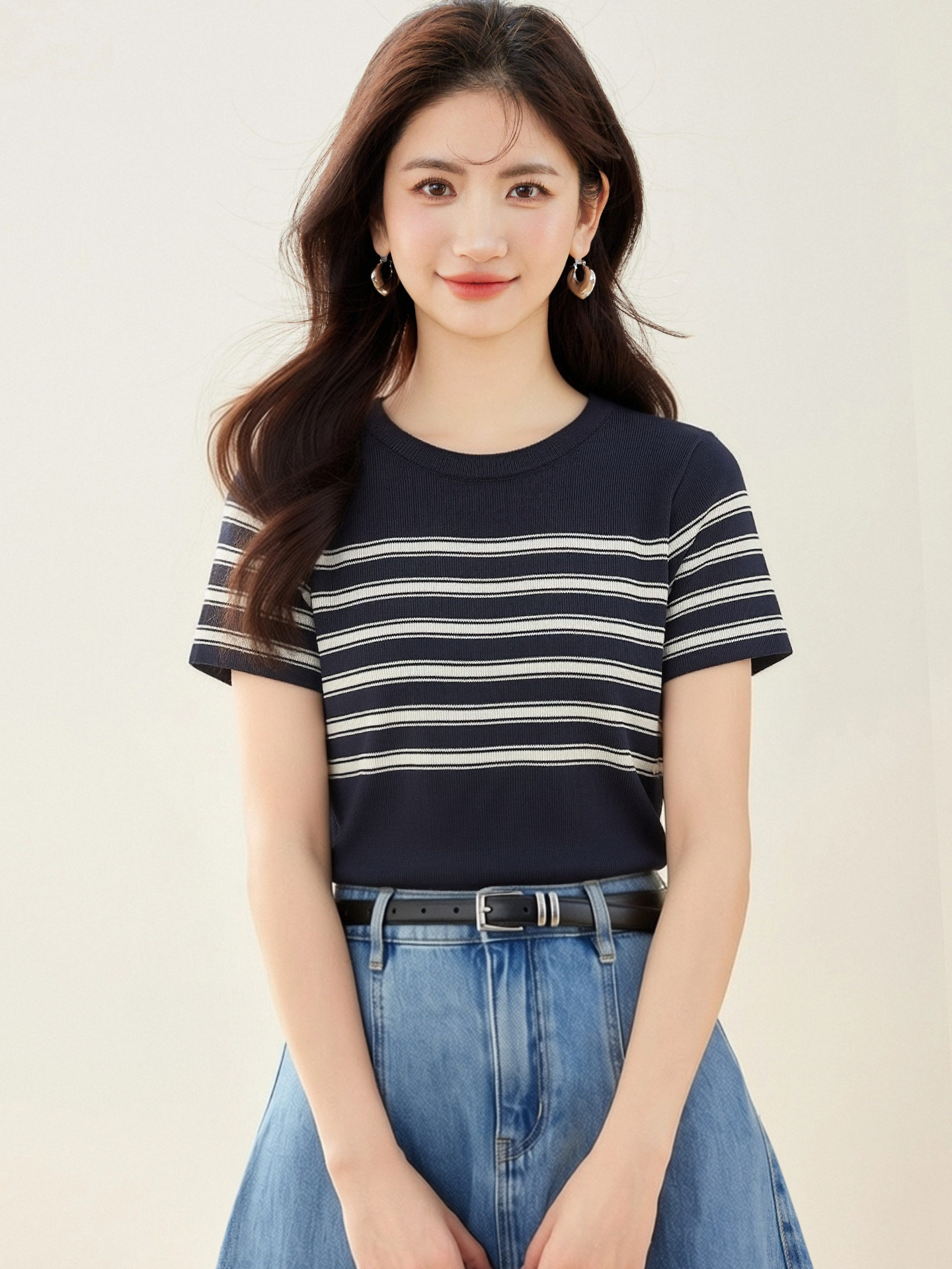 實拍◆有◆2026簡約條紋針織短袖t恤女夏季時尚顯瘦針織衫