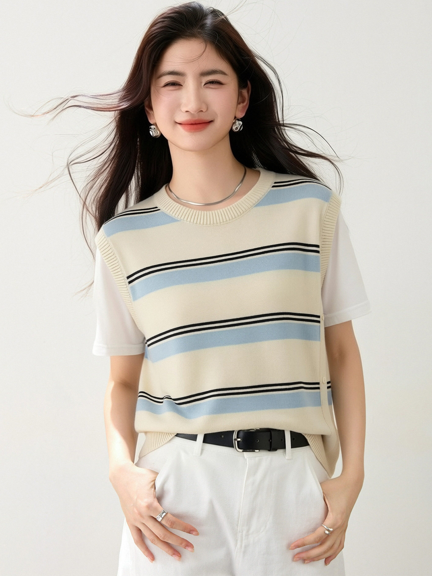 實拍◆有◆2026套頭寬松條紋撞色假兩件短袖女新款百搭針織T恤