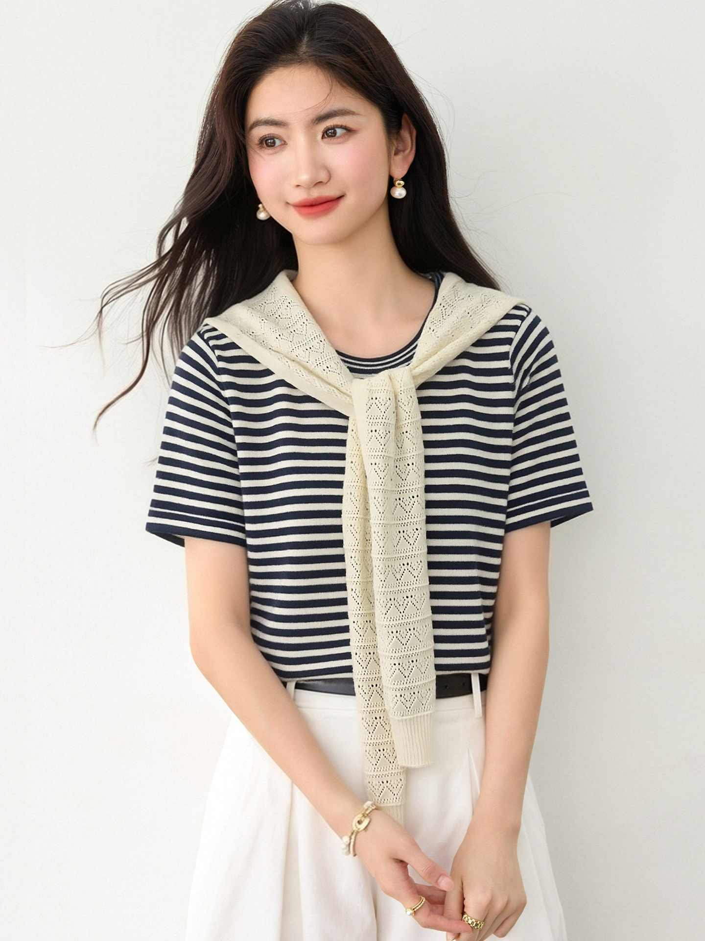 實拍◆有◆2026韓系氣質披肩條紋t恤女針織短袖圓領短款顯瘦上衣