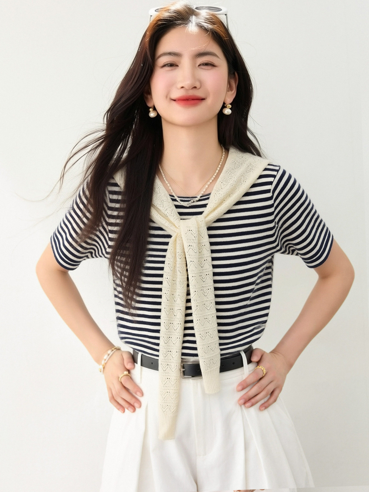 實拍◆有◆2026韓系氣質披肩條紋t恤女針織短袖圓領短款顯瘦上衣