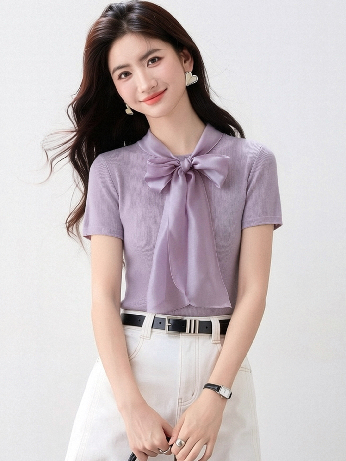 實拍◆有◆2026法式復古蝴蝶結絲巾針織衫女夏溫柔休閑百搭上衣