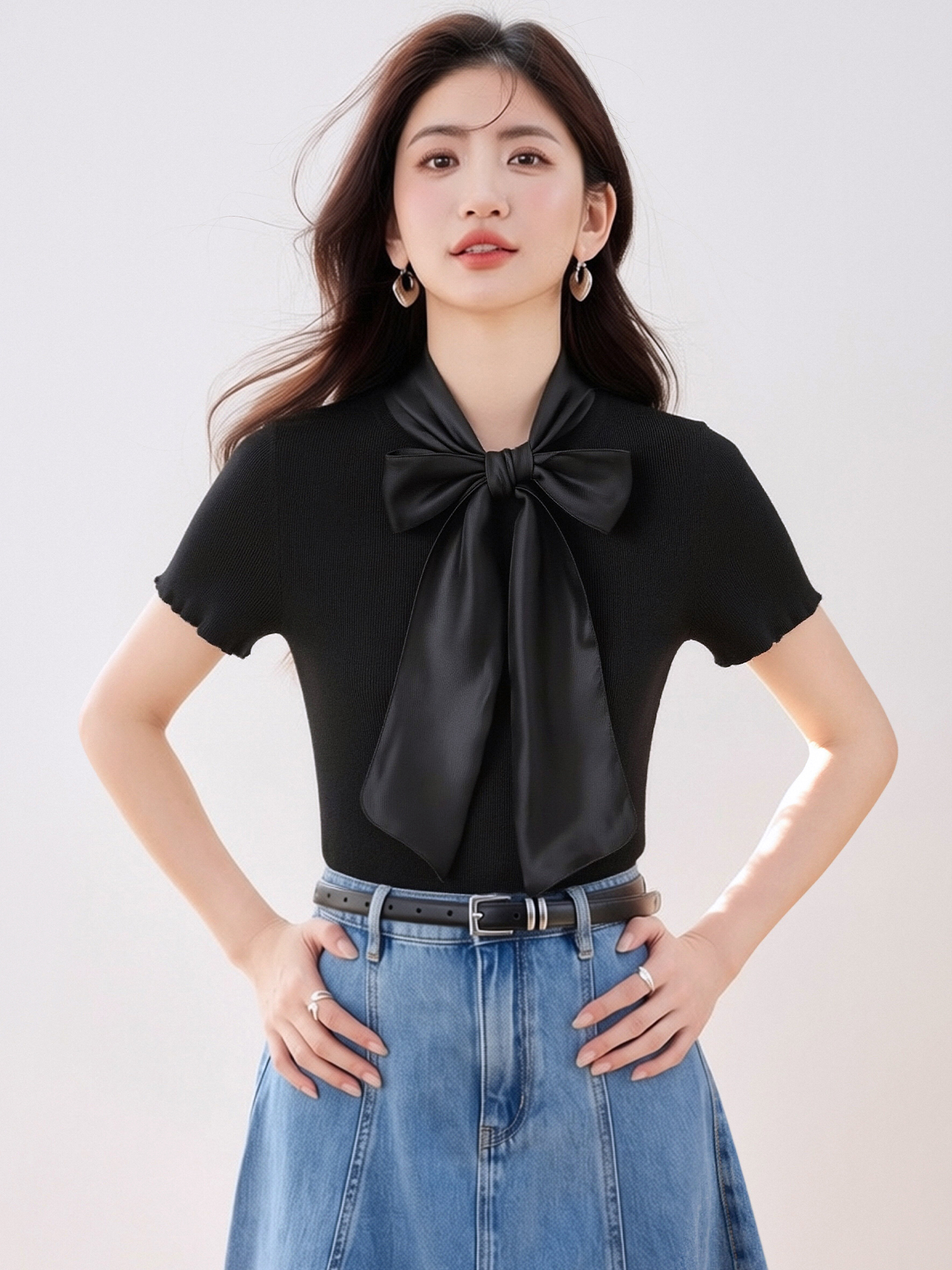 實拍◆有◆2026法式復古蝴蝶結絲巾針織衫女夏溫柔休閑百搭上衣