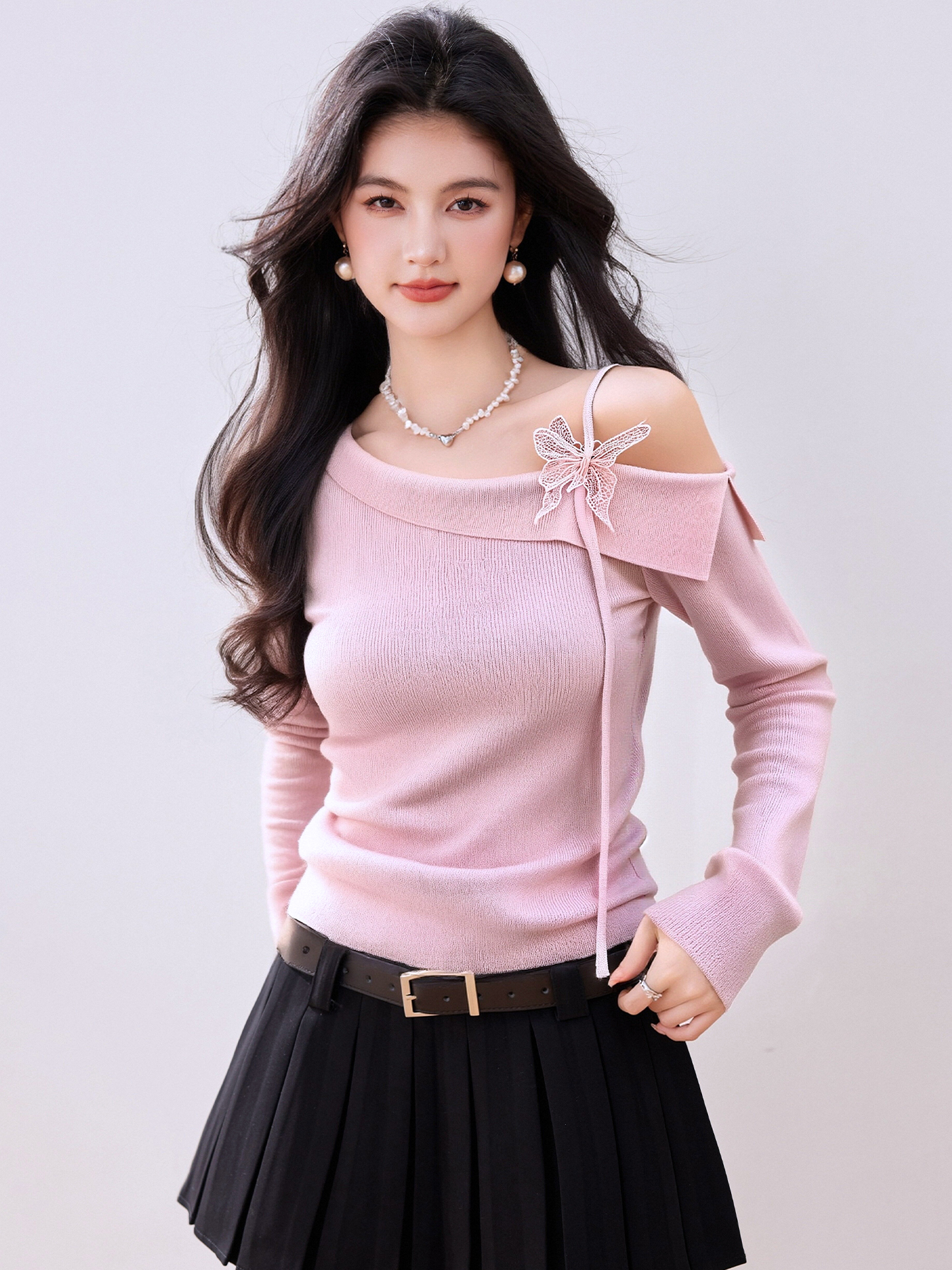 實拍◆有◆2026法式浪漫露肩系帶蝴蝶結裝飾修身針織衫女溫柔上衣