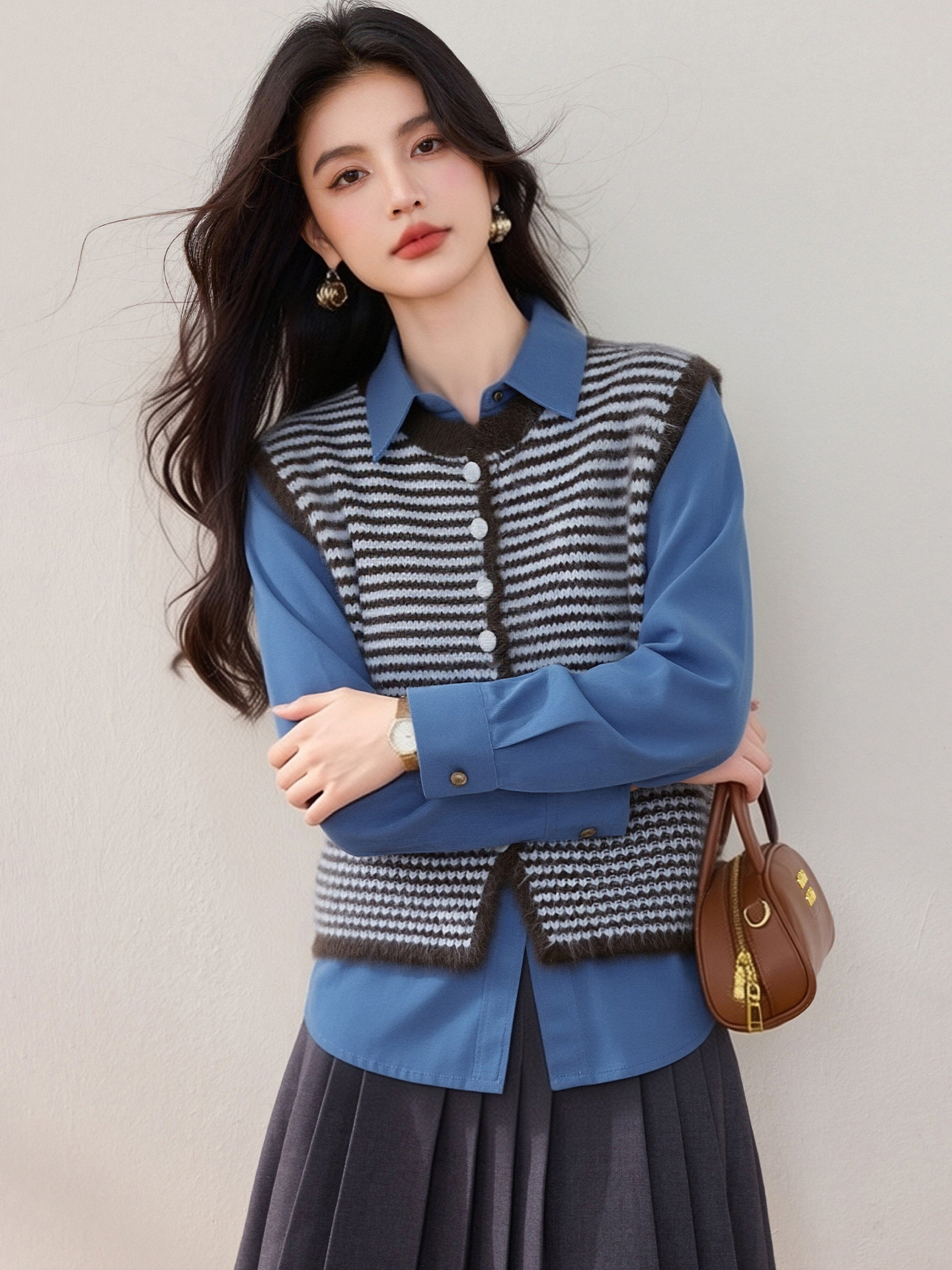 實拍◆有◆2026撞色條紋馬甲針織背心女外穿春季韓系疊穿上衣咖色