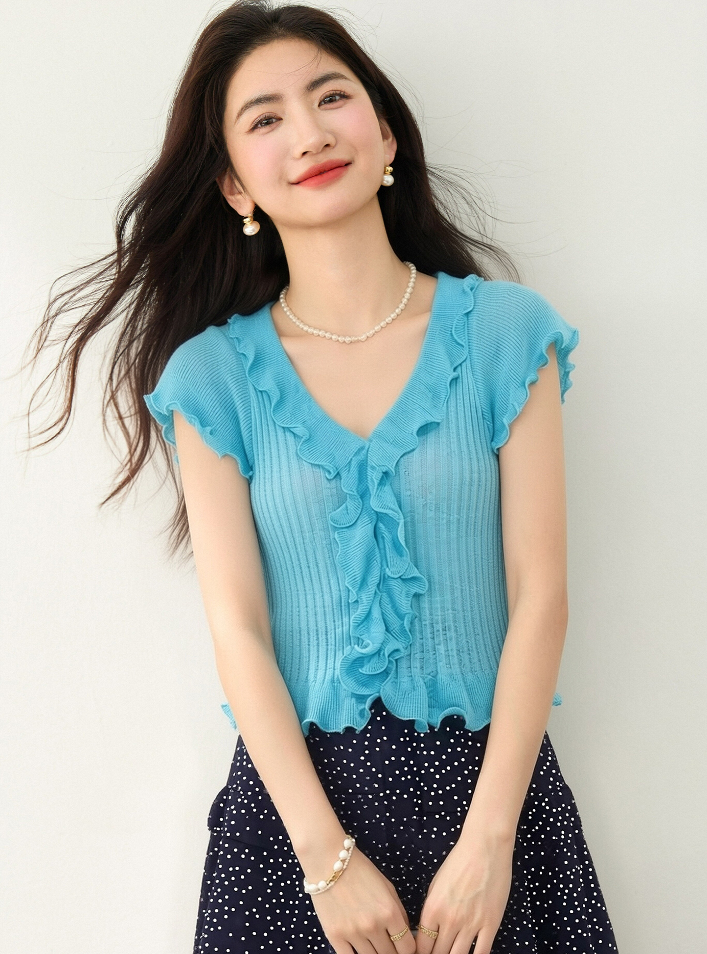 實拍◆有◆2026夏季韓系木耳邊V領針織短袖t恤女收腰顯瘦別致
