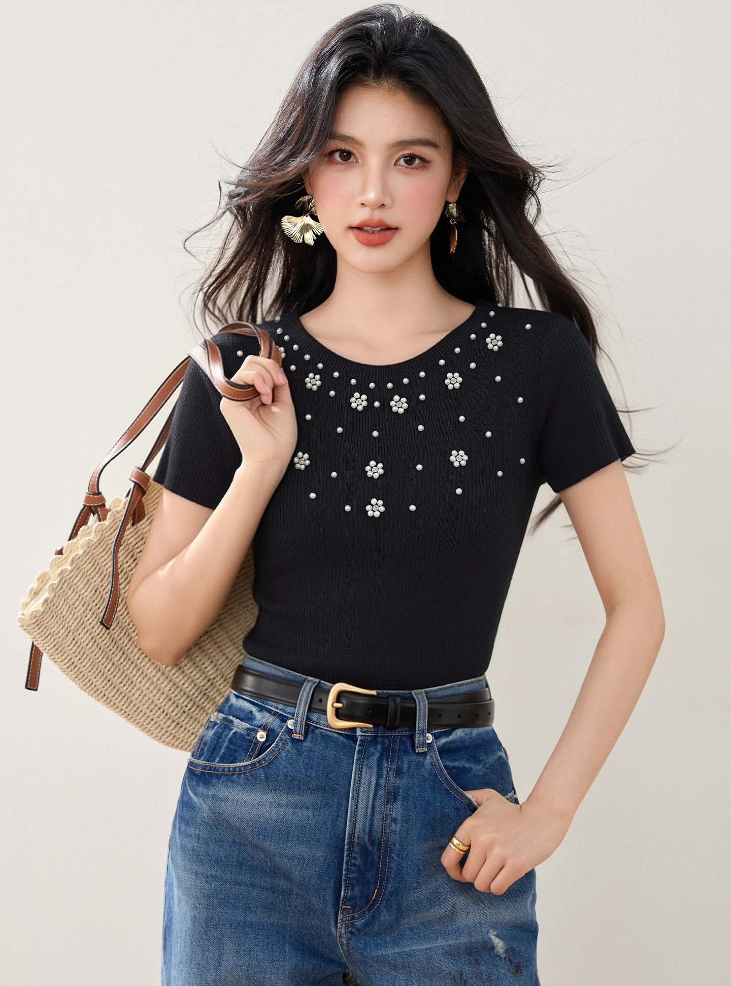 實拍◆有◆2026夏季針織字母珍珠花朵短袖圓領套頭修身顯瘦女上衣