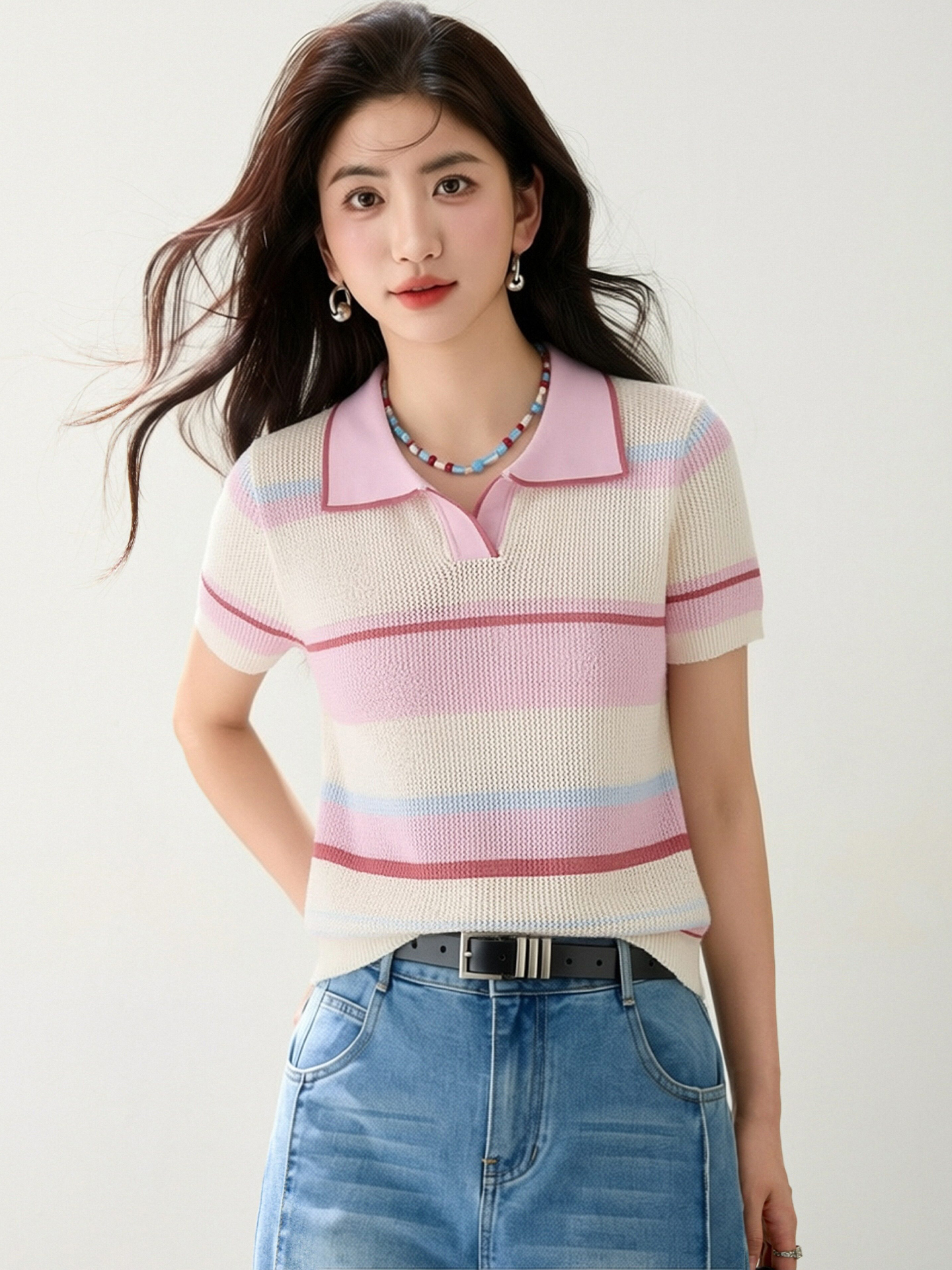 實拍◆有◆2026減齡撞色條紋小清新短袖T恤女半開領寬松顯瘦上衣
