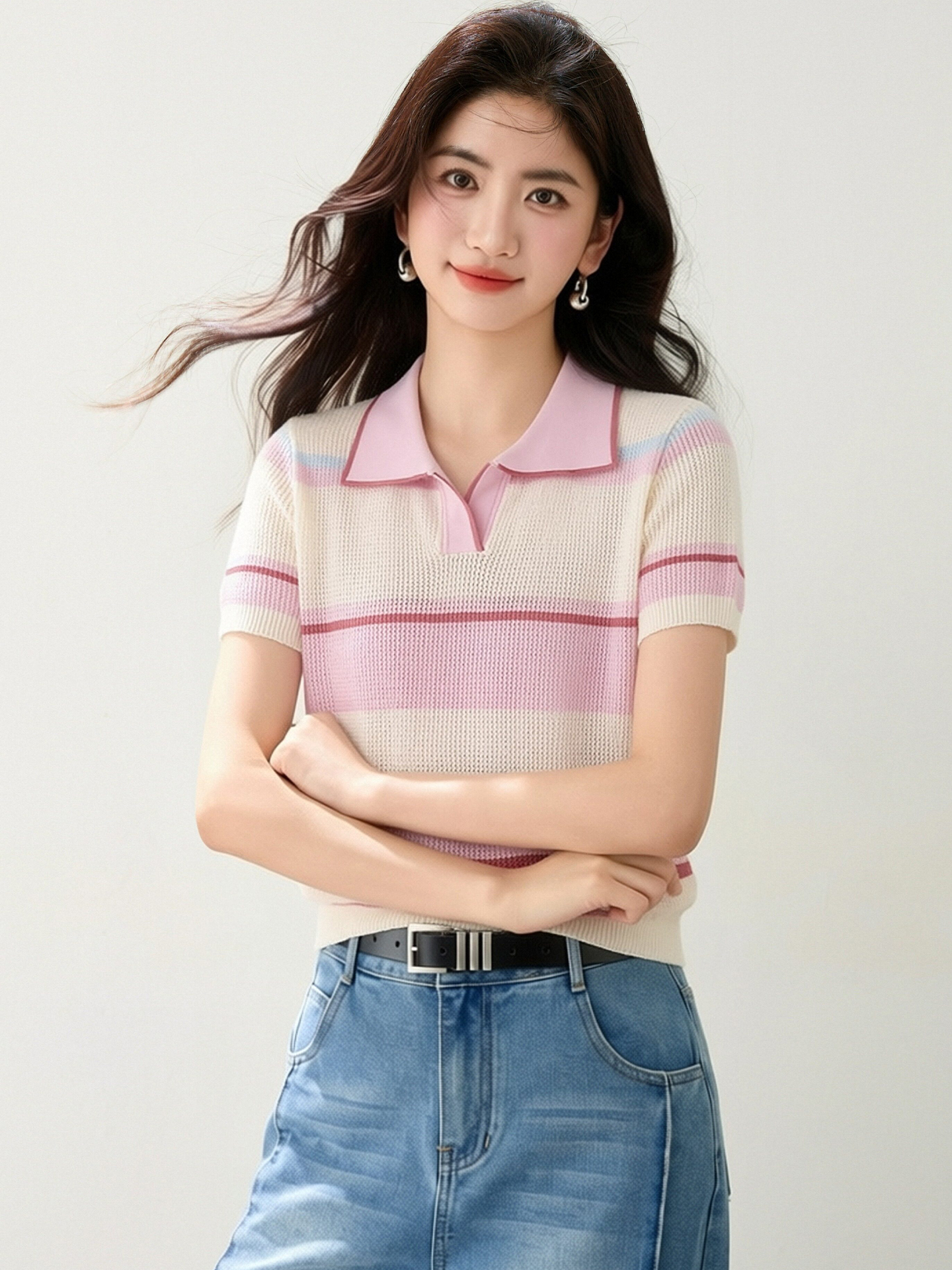 實拍◆有◆2026減齡撞色條紋小清新短袖T恤女半開領寬松顯瘦上衣