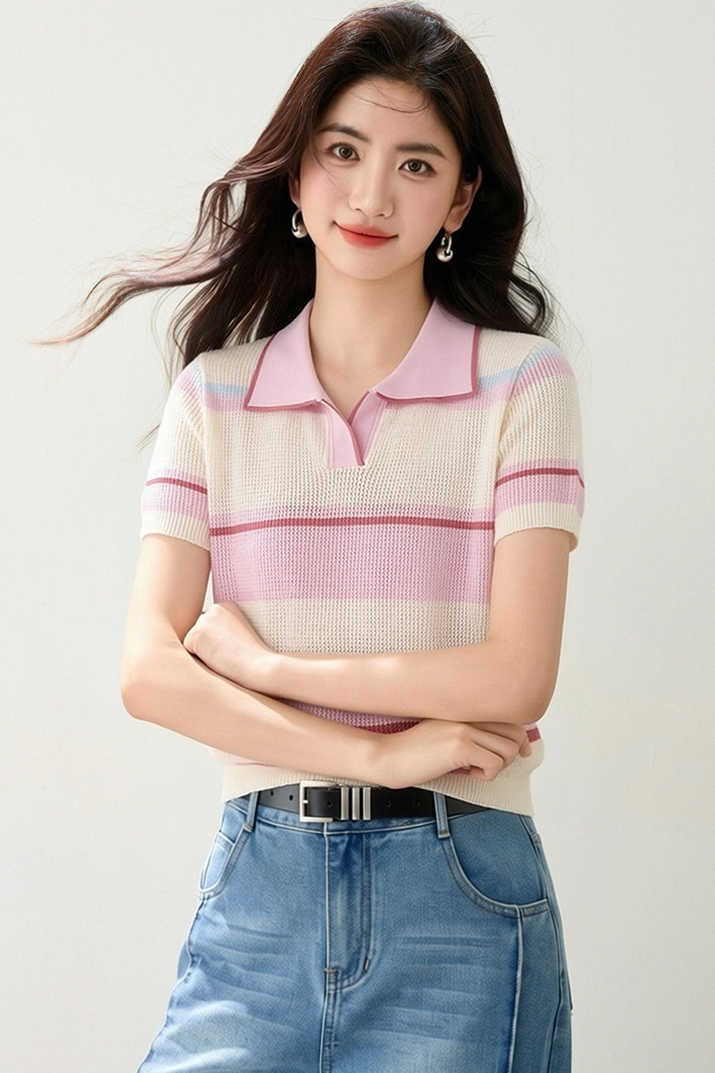 實拍◆有◆2026減齡撞色條紋小清新短袖T恤女半開領寬松顯瘦上衣