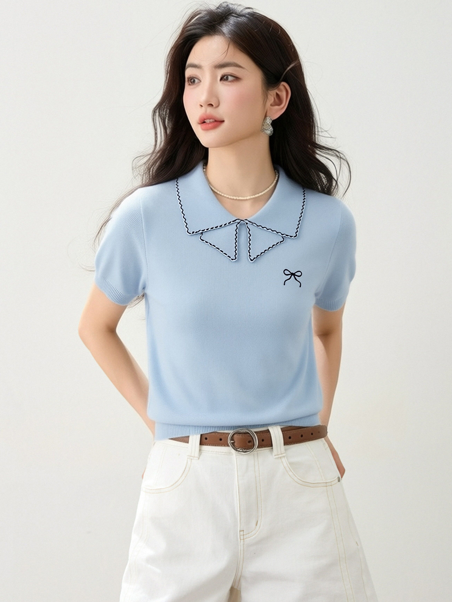 實拍◆有◆2026夏季新款甜美小翻領薄針織T恤衫女撞色蝴蝶結上衣