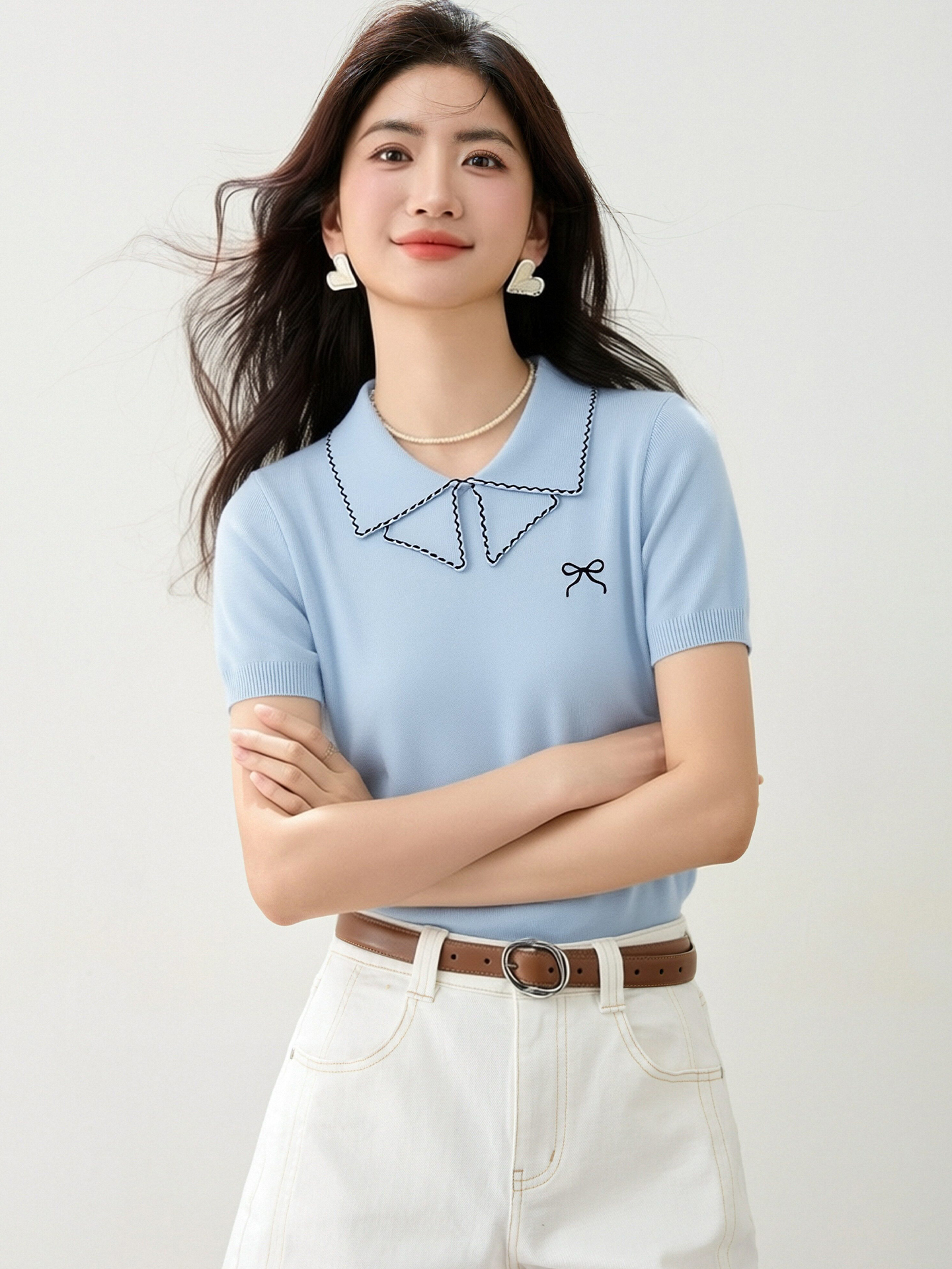 實拍◆有◆2026夏季新款甜美小翻領薄針織T恤衫女撞色蝴蝶結上衣