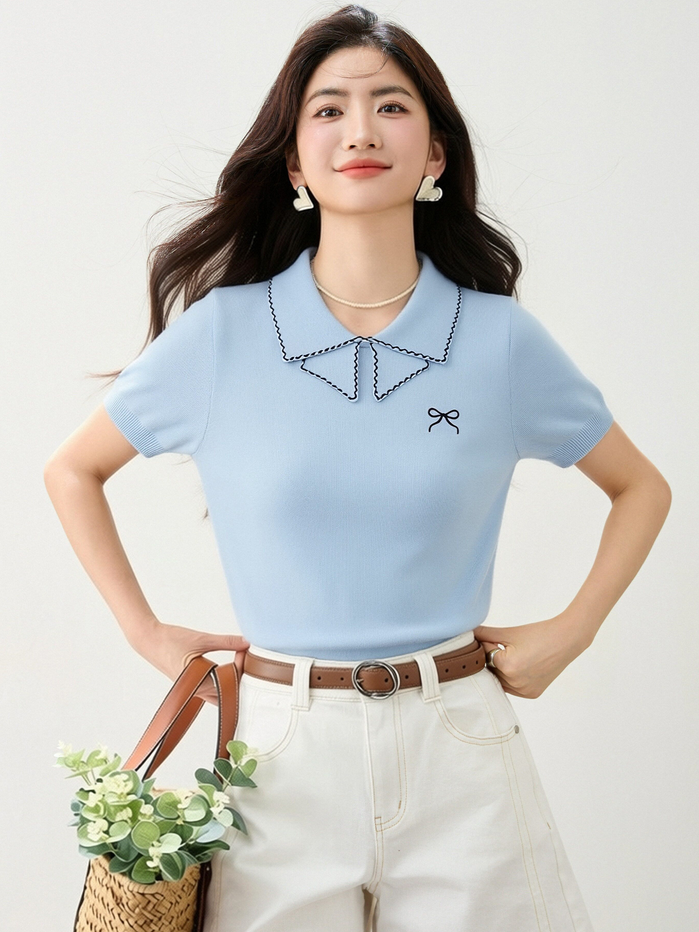 實拍◆有◆2026夏季新款甜美小翻領薄針織T恤衫女撞色蝴蝶結上衣