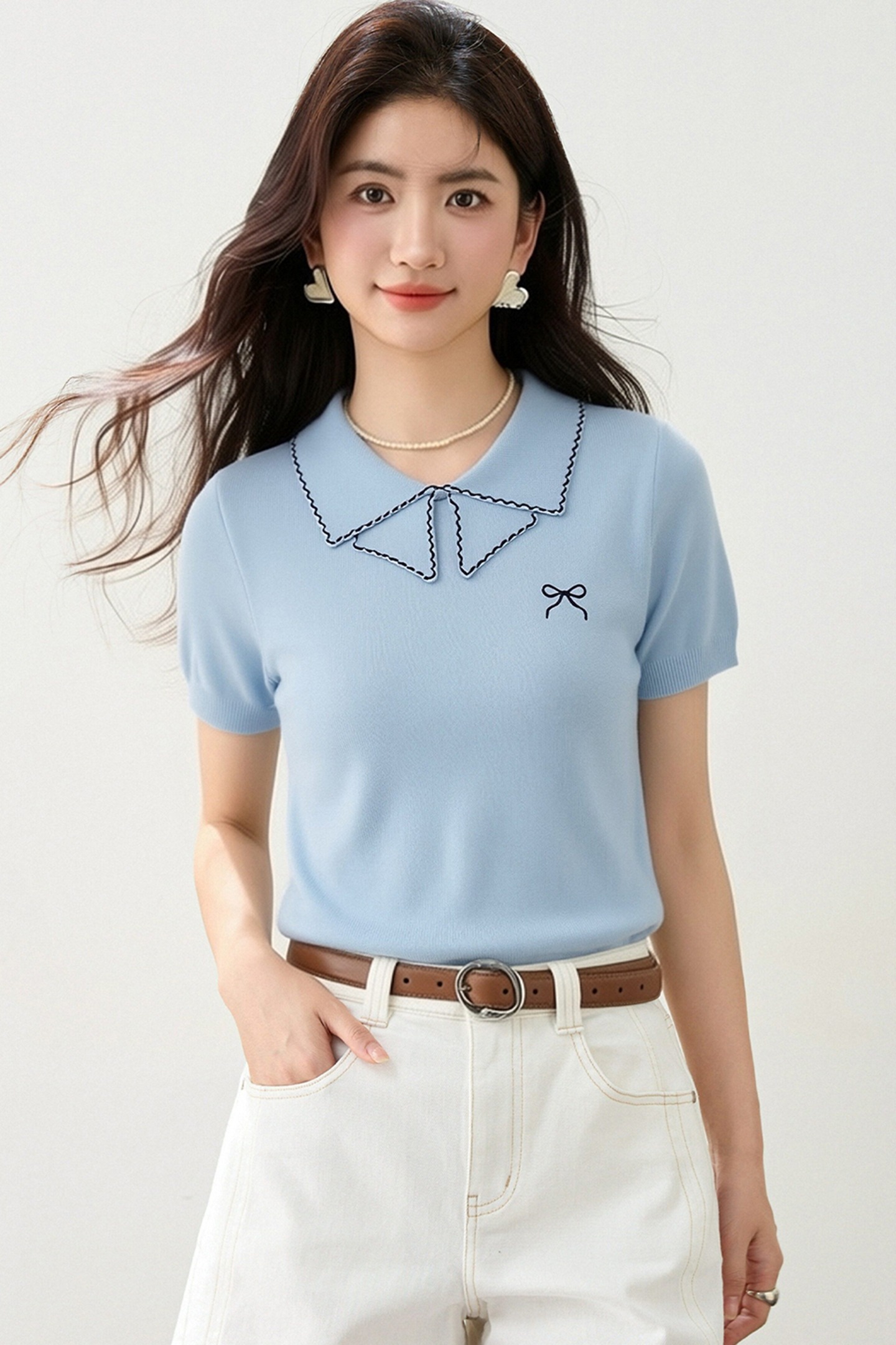 實拍◆有◆2026夏季新款甜美小翻領薄針織T恤衫女撞色蝴蝶結上衣