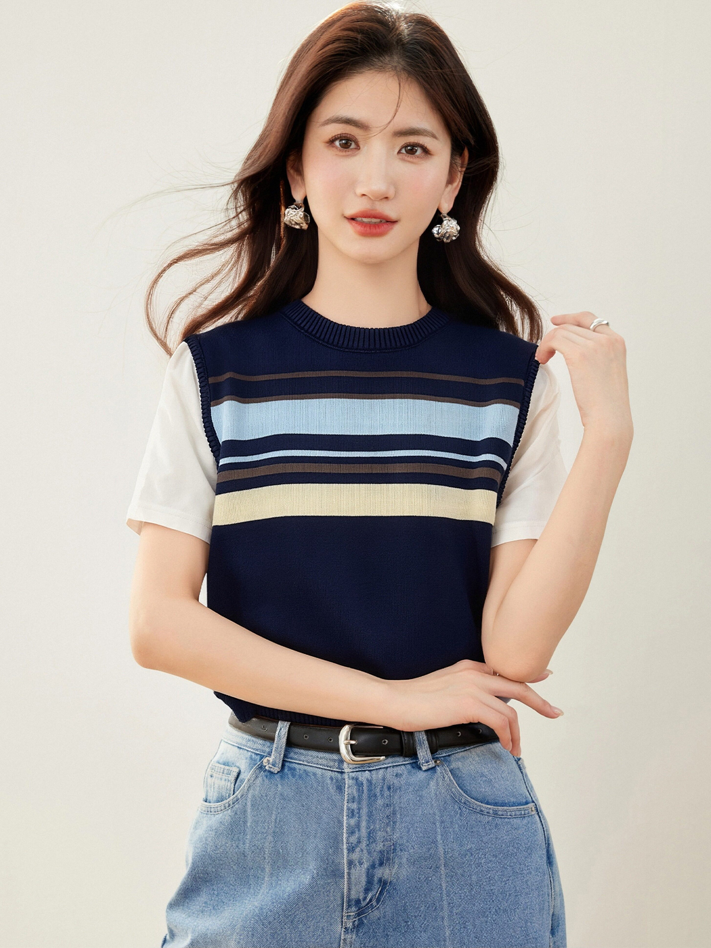 實拍◆有◆2026設計感短款假兩件背心馬甲上衣女夏季針織v領短袖