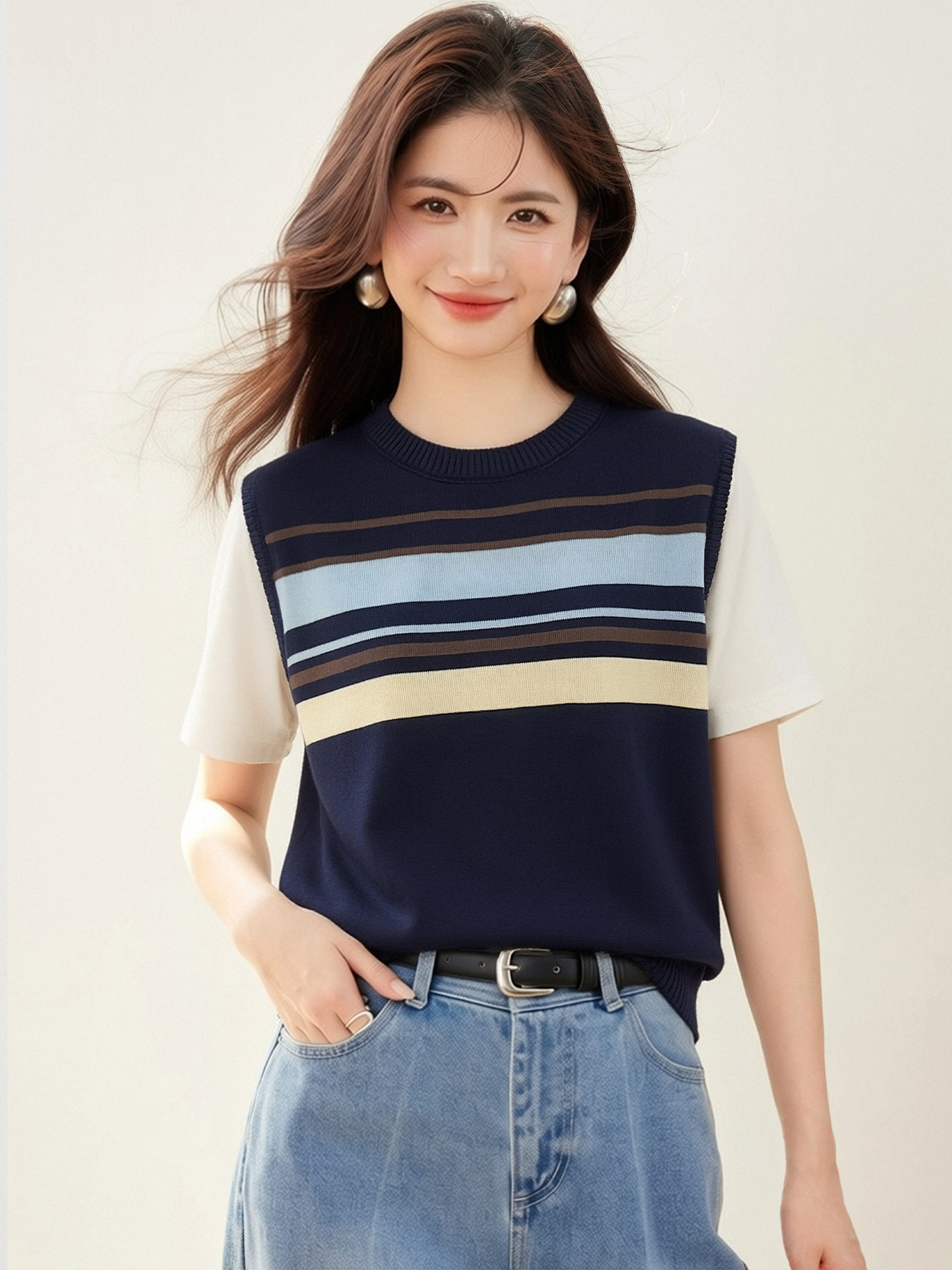 實拍◆有◆2026設計感短款假兩件背心馬甲上衣女夏季針織v領短袖