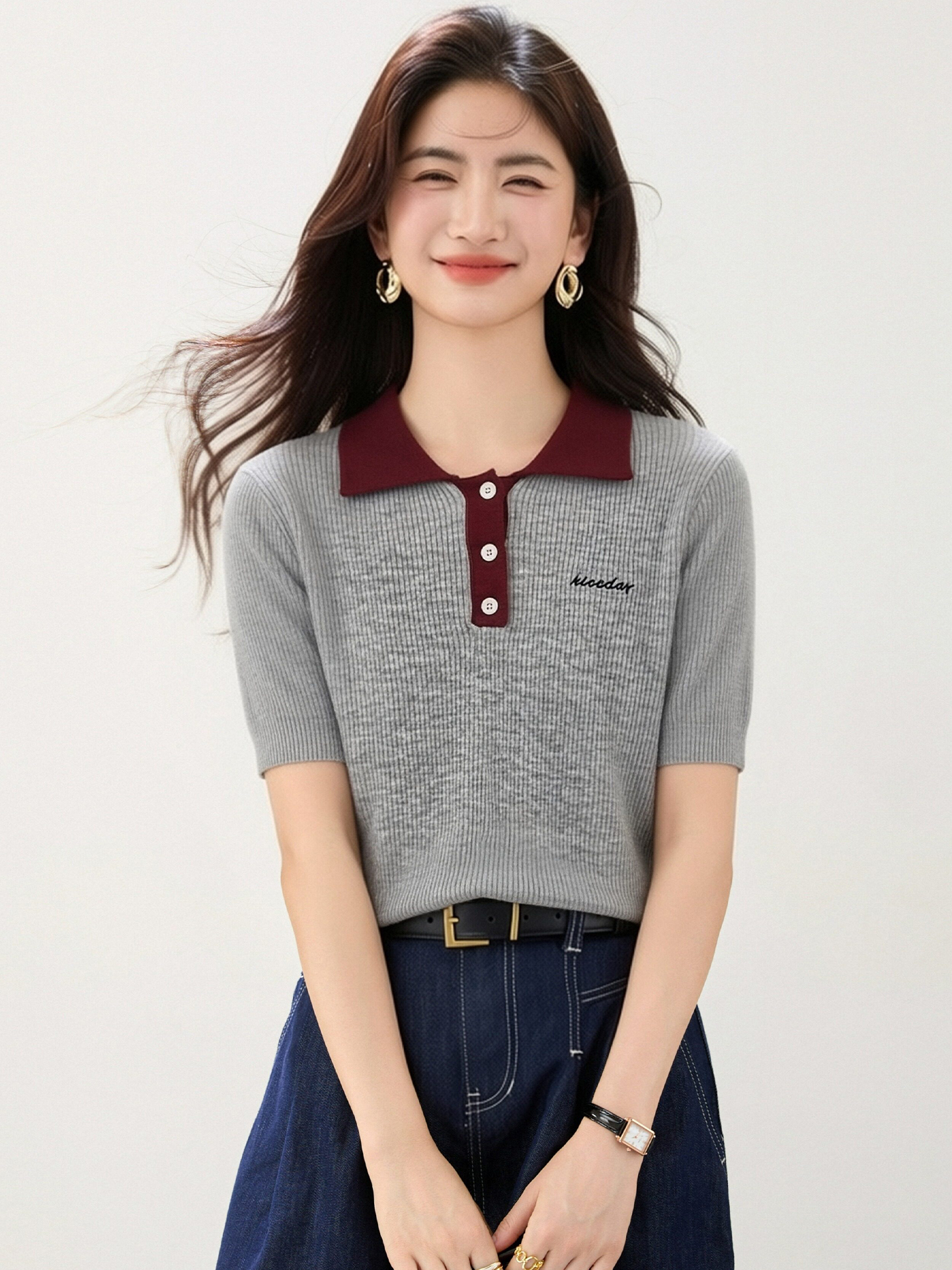 實拍◆有◆2026夏季撞色字母刺繡Polo領T恤百搭套頭顯瘦休閑上衣