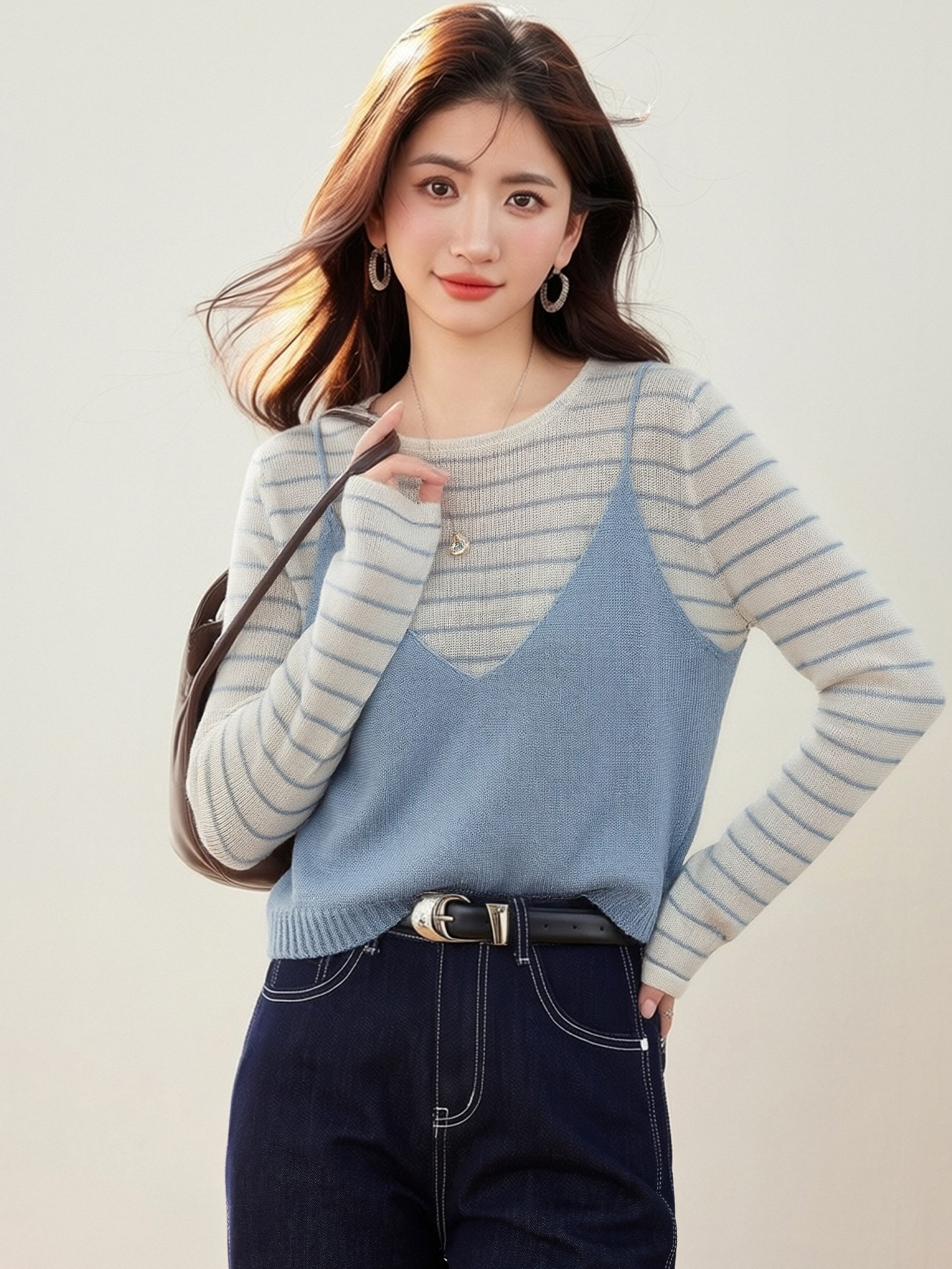 實拍◆有◆2026設計感吊帶條紋針織衫女百搭顯瘦打假兩件上衣