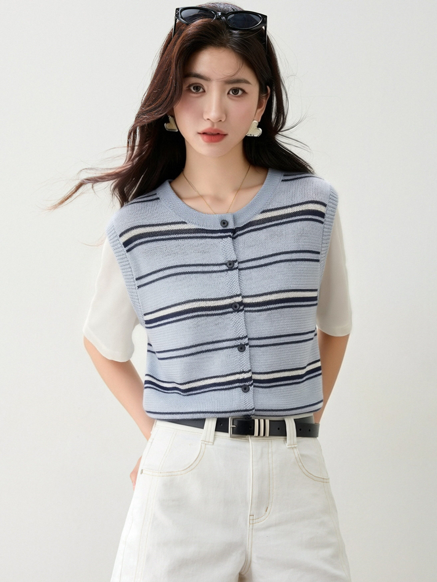 實拍◆有◆2026韓系圓領條紋短袖針織衫女夏寬松顯瘦減齡百搭上衣