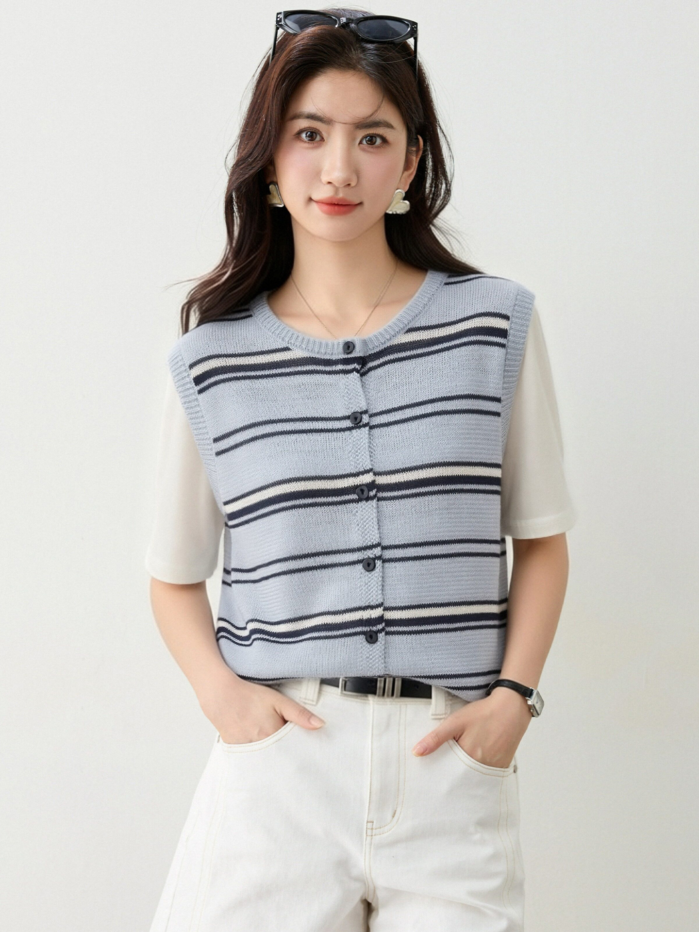實拍◆有◆2026韓系圓領條紋短袖針織衫女夏寬松顯瘦減齡百搭上衣