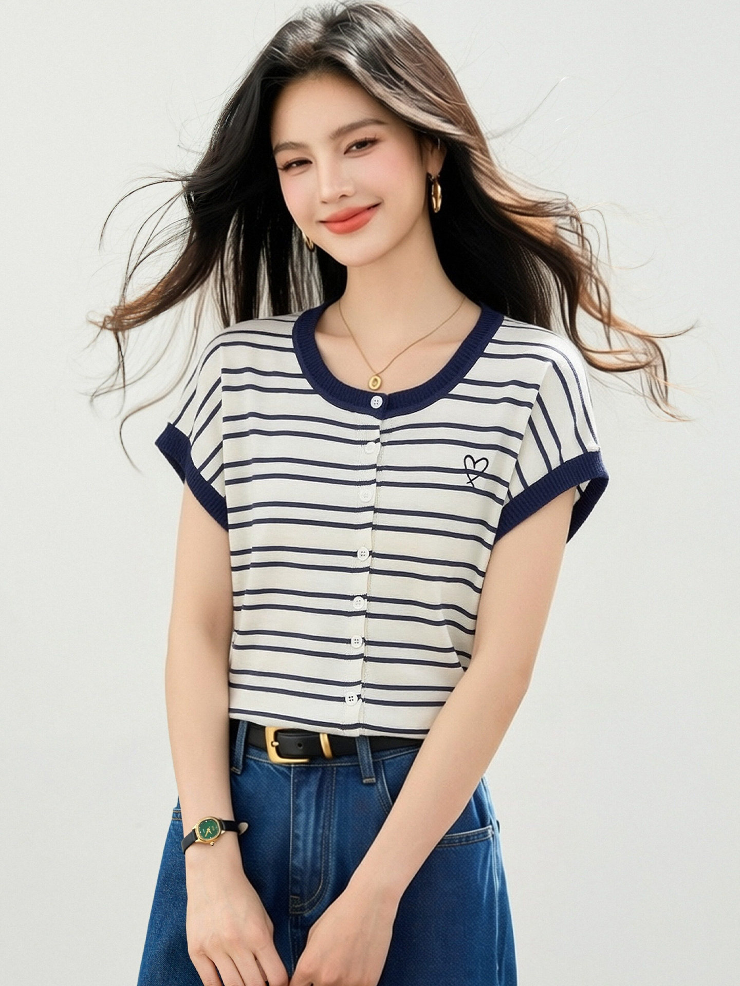 實拍◆有◆2026薄款短袖針織衫女夏寬松顯瘦條紋海軍風T恤