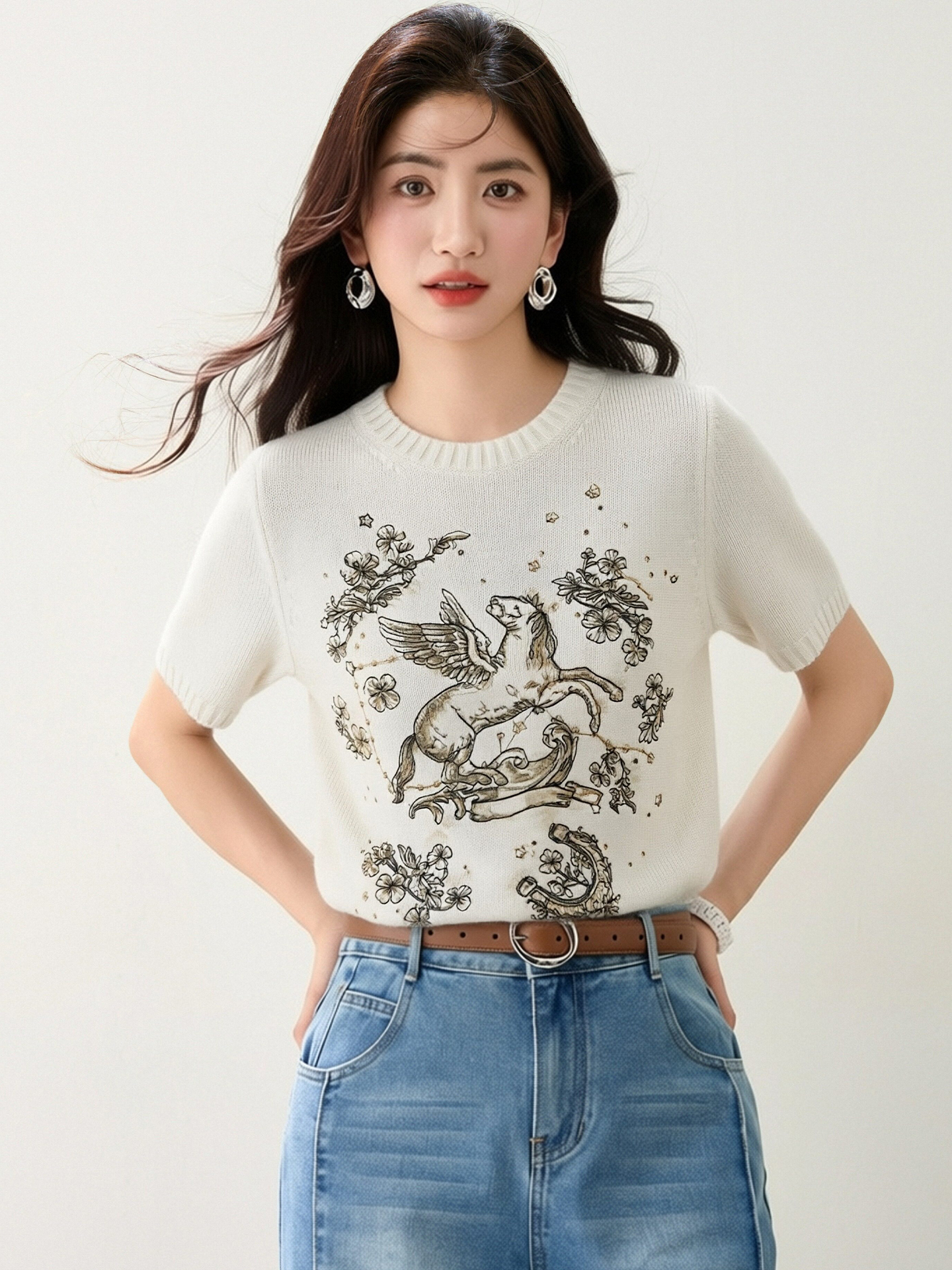實拍◆有◆2026減齡圓領重工刺繡正肩針織短袖女別致新款顯瘦上衣